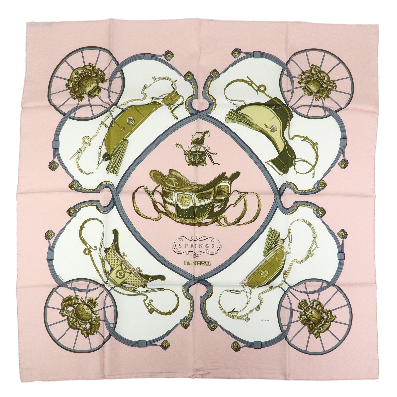 HERMES Carre 90 Silk 100% Scarf SPRINGS Light Pink Gold Grey