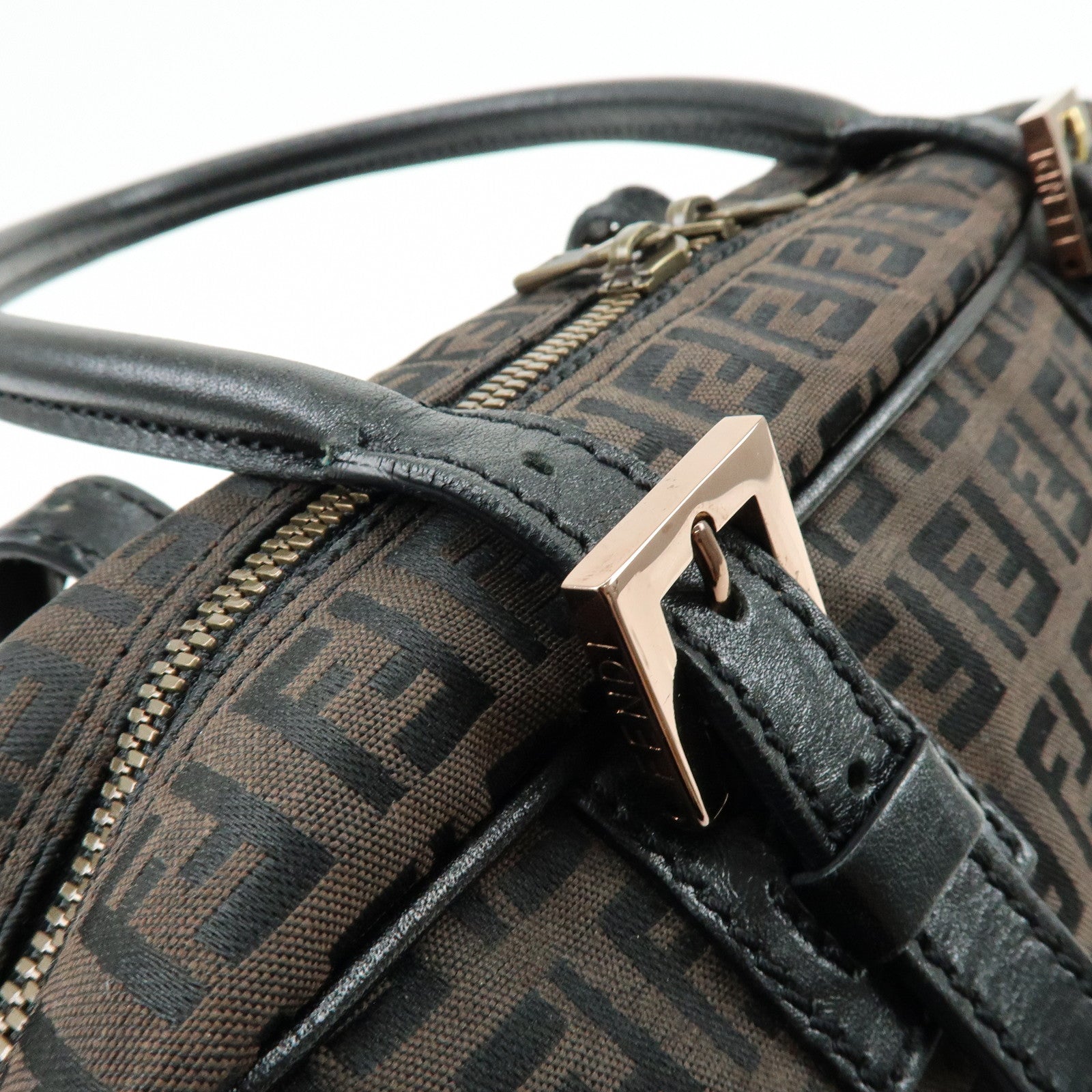 FENDI Zucchino Canvas Leather Hand Bag Boston Bag Brown 8BN005