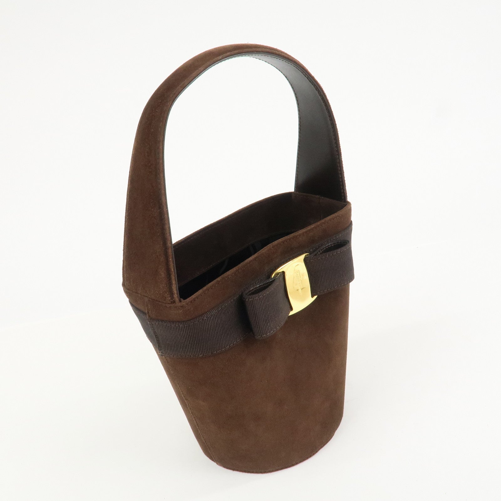 Ferragamo Vara Ribbon Suede Leather Hand Bag Brown Gold