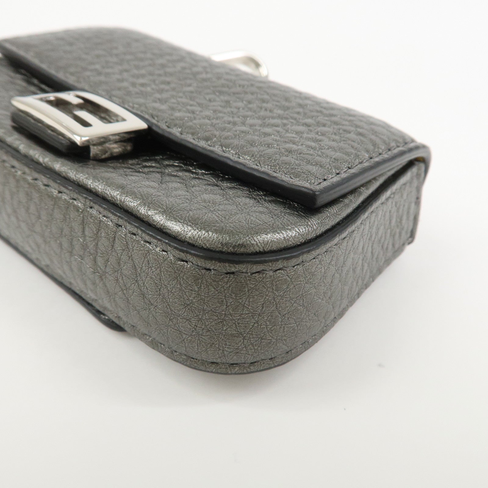 FENDI Nano Baguette Calf Leather Bag Charm Key Chain Silver 7AR809