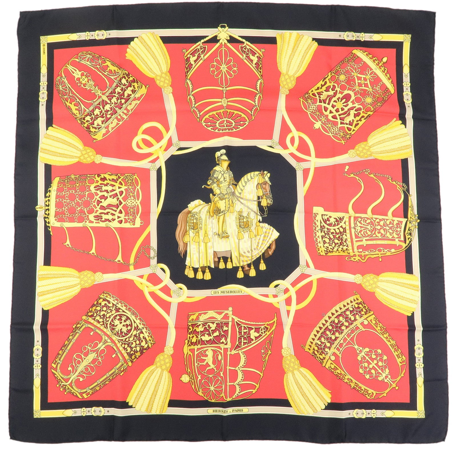 HERMES Carre 90 Silk 100% Scarf LES MUSEROLLES Black Red Gold