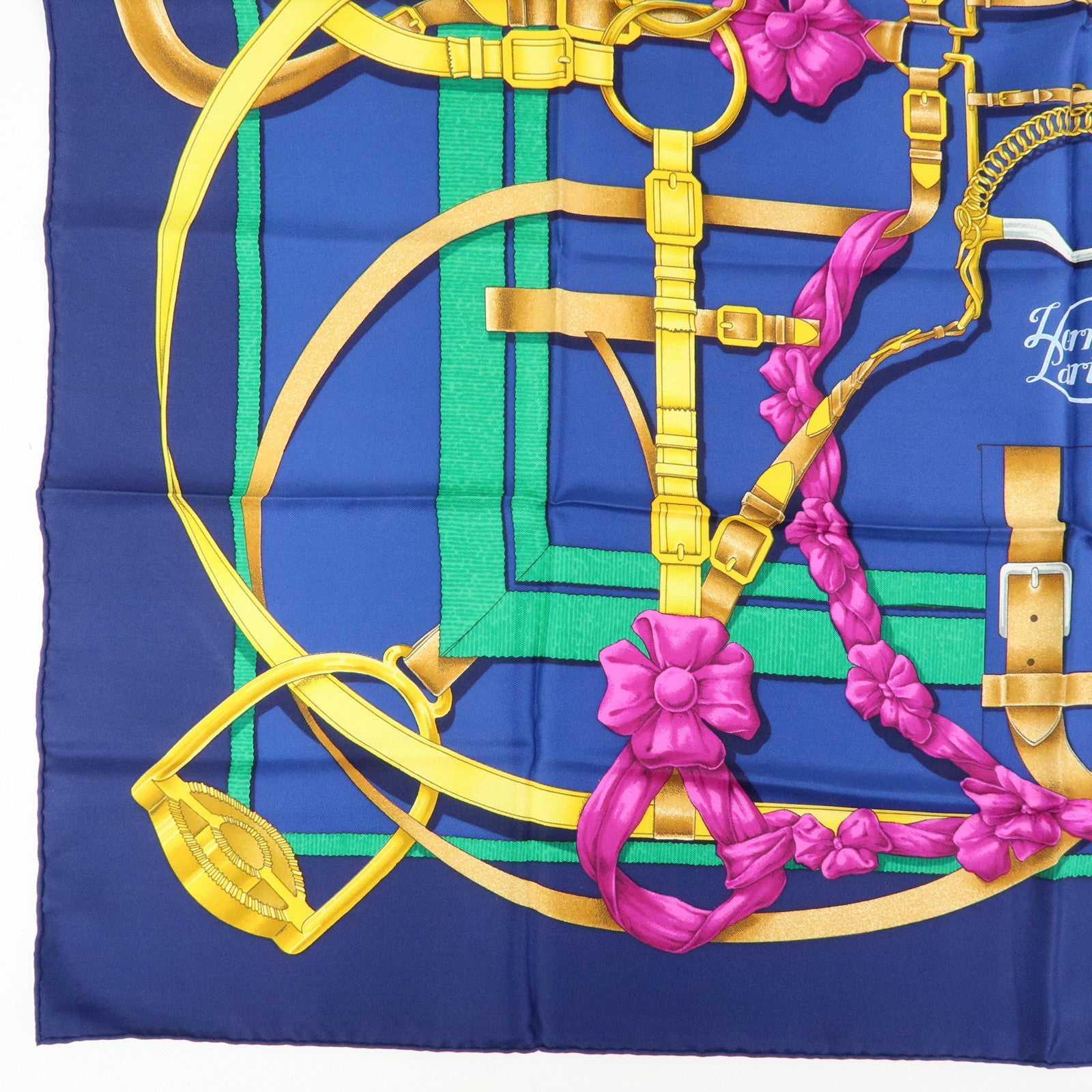 HERMES Carre 90 Silk 100% Scarf Grand Manege Navy Gold