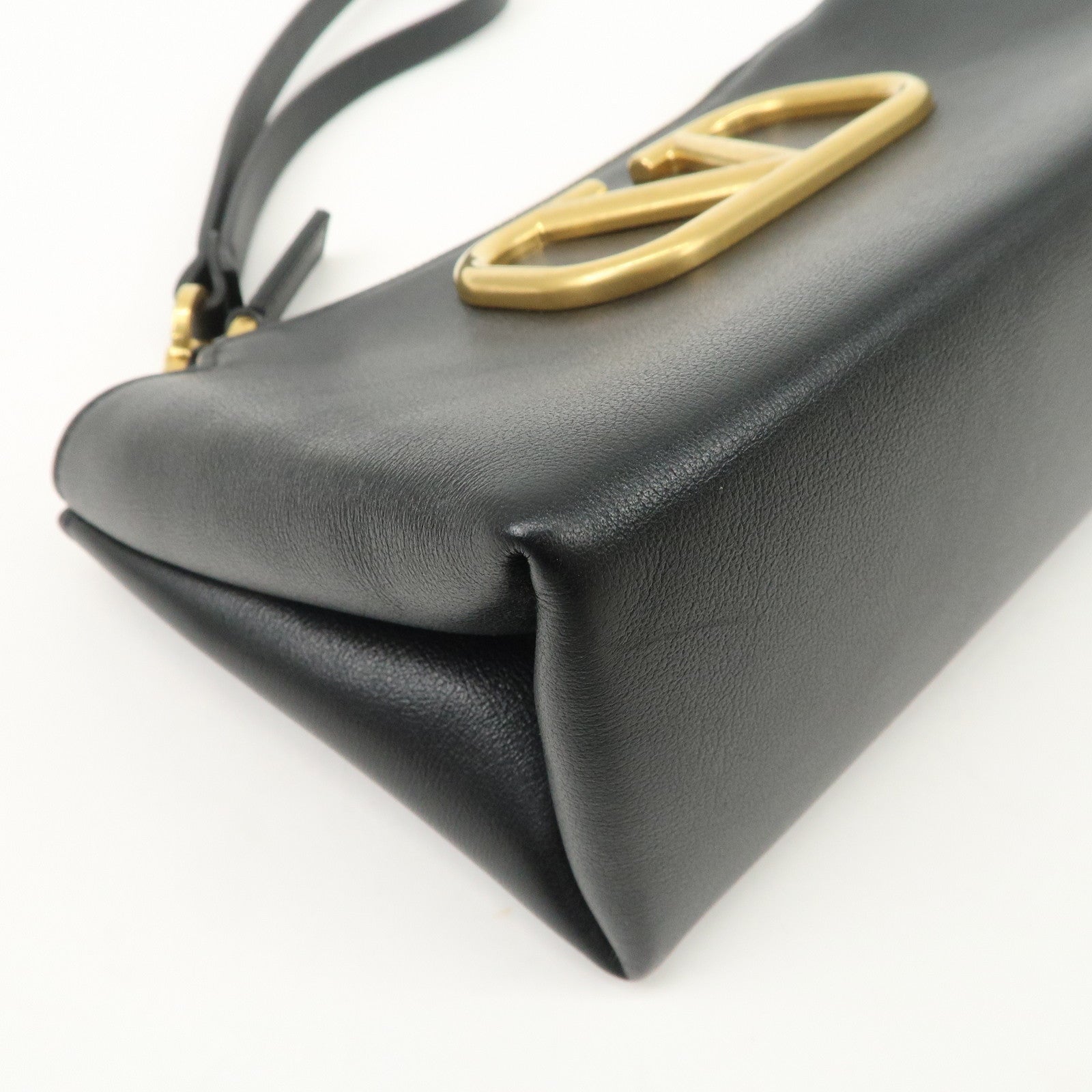 VALENTINO Leather Pouch Clutch Bag Black Gold Hardware