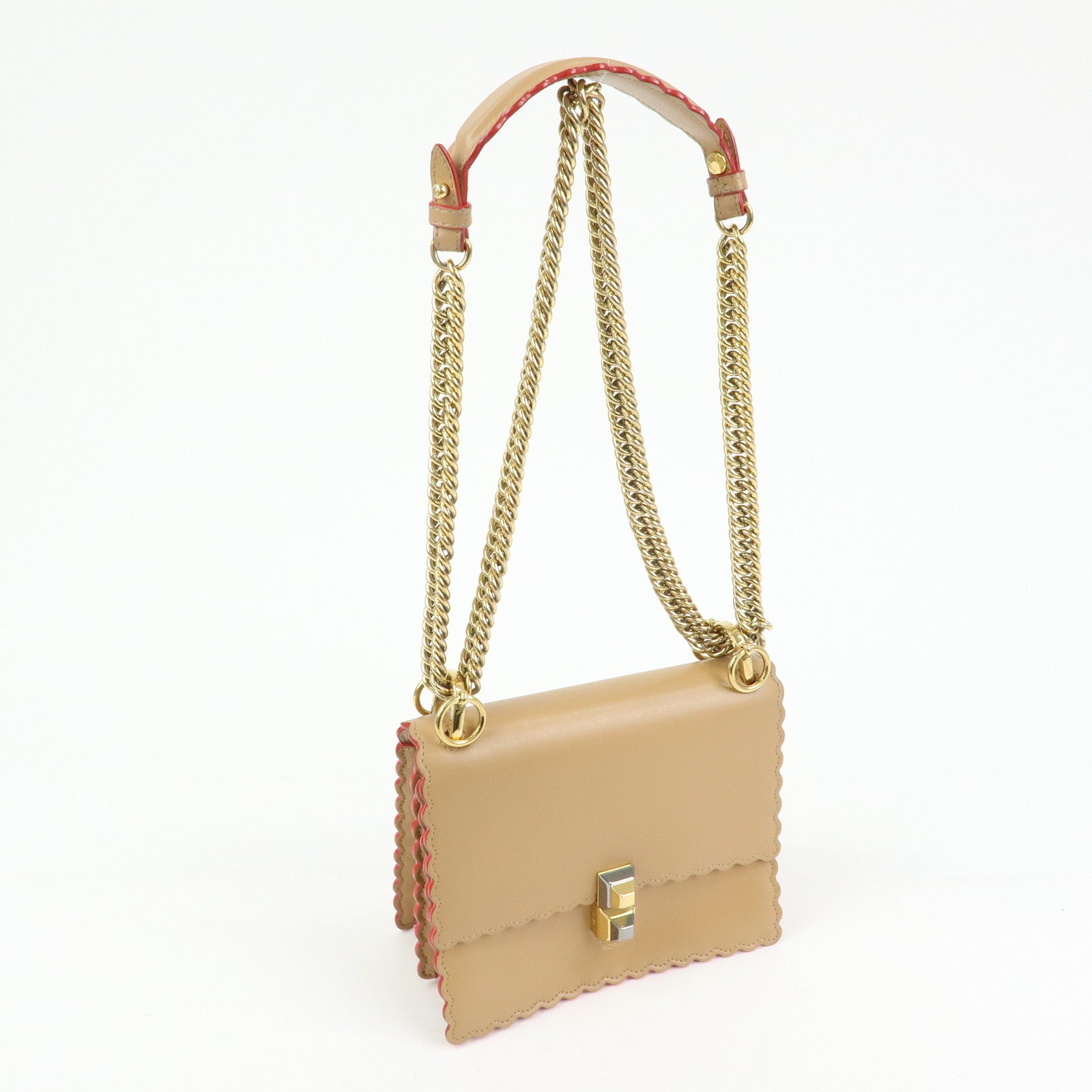 FENDI Mini Kan I Leather Chain Shoulder Crossbody Bag Beige 8M0381