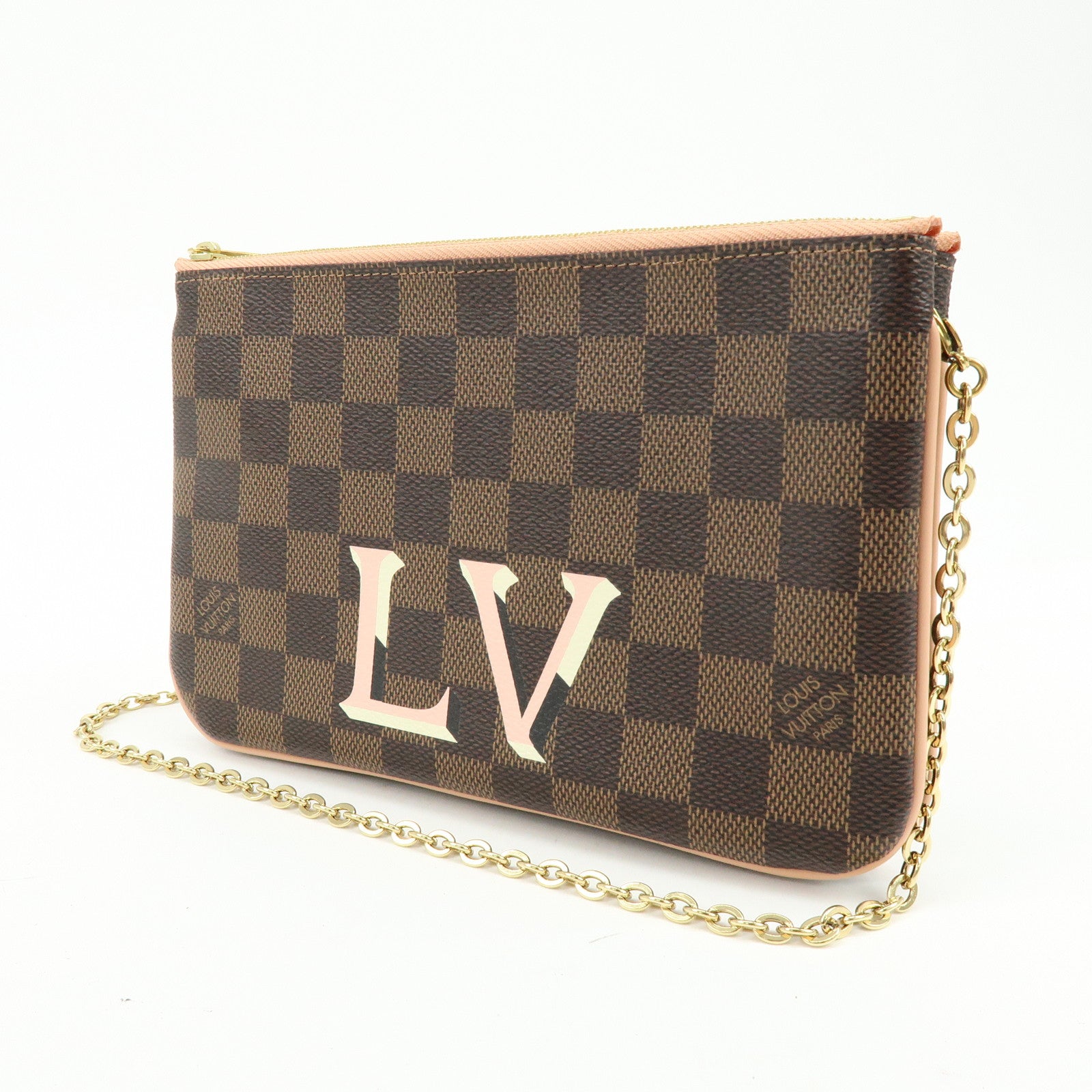 Louis Vuitton Damier Ebene Pochette Double Zip Rose BallerineN60254