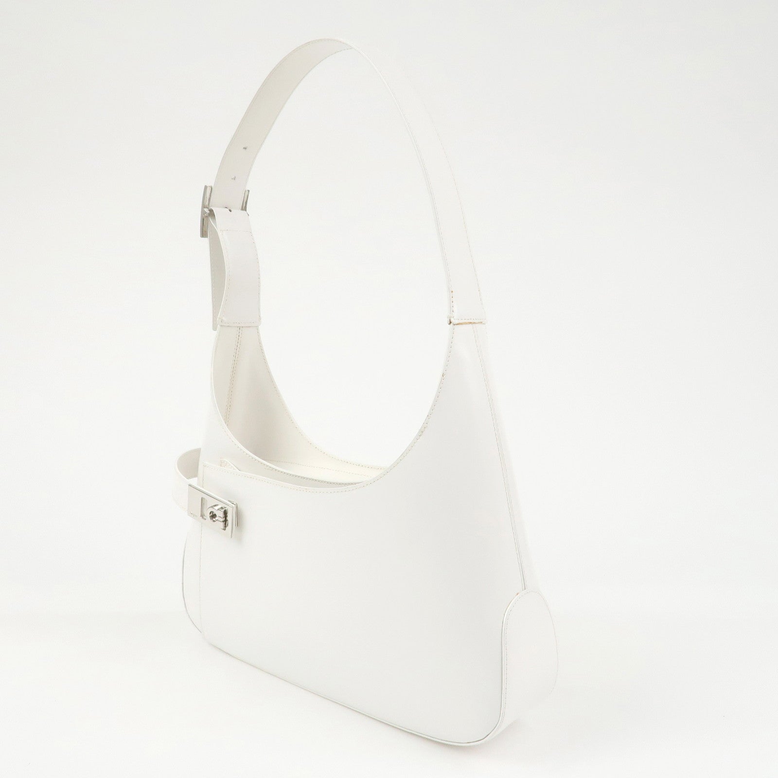 Ferragamo Gancini Leather Shoulder Bag Hand Bag White Silver