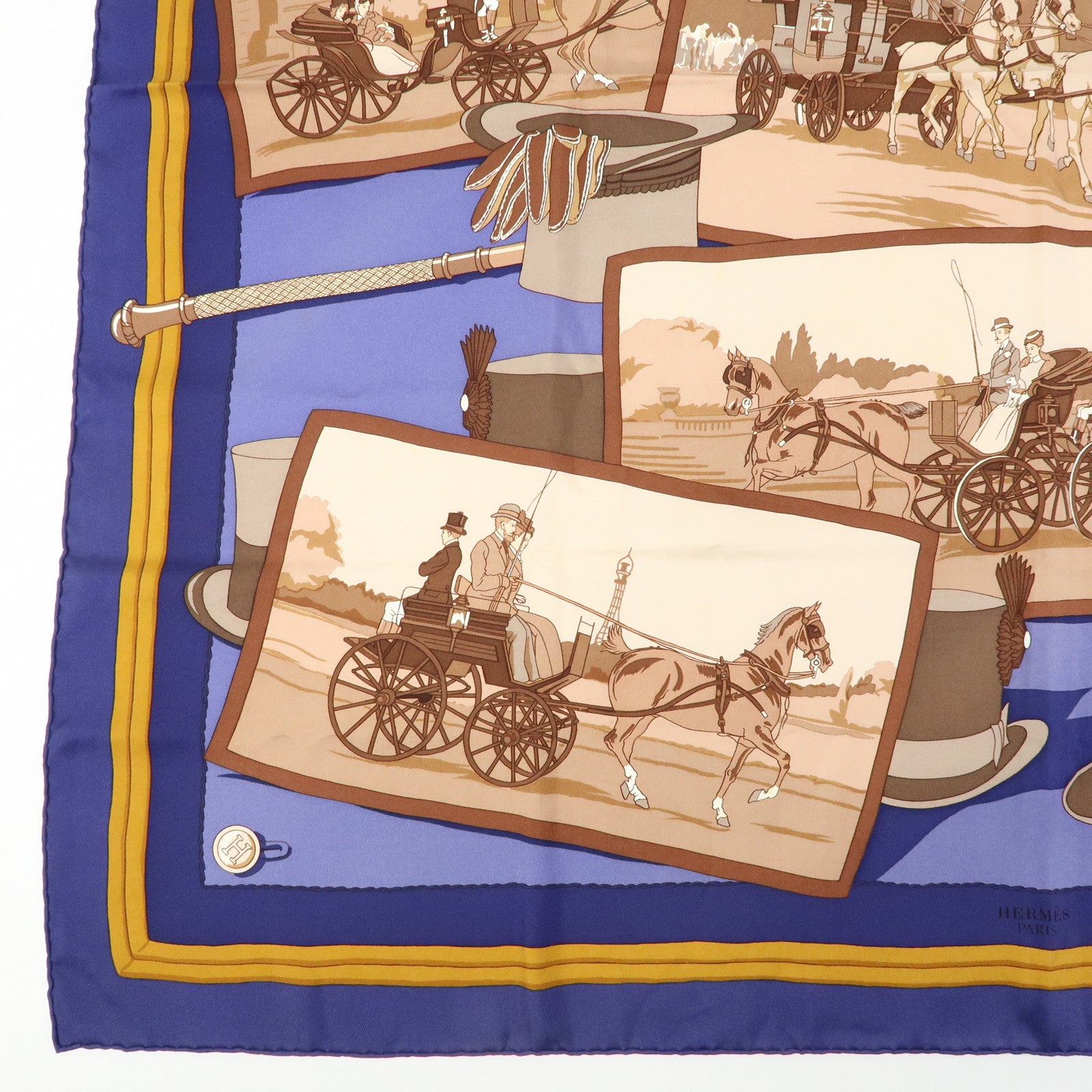 HERMES Carre 90 Set of 2 Silk 100% Scarf Navy Beige Brown