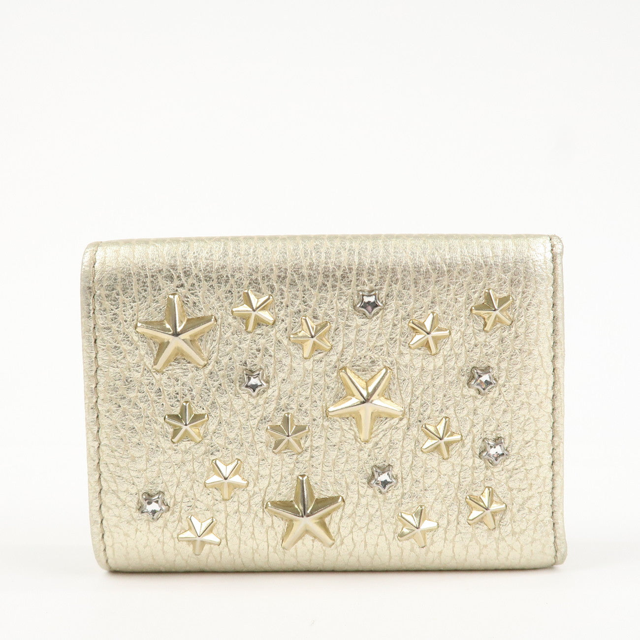JIMMY CHOO Leather Star Studs Trifold Compact Wallet Gold Used