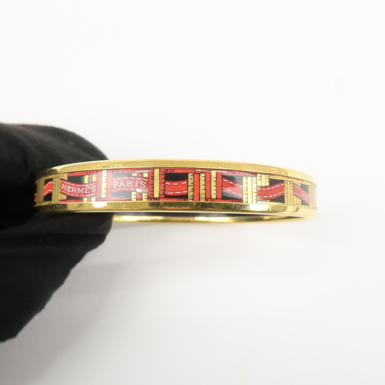 HERMES Plating Email PM Bangle Bracelet Black Gold Red Used