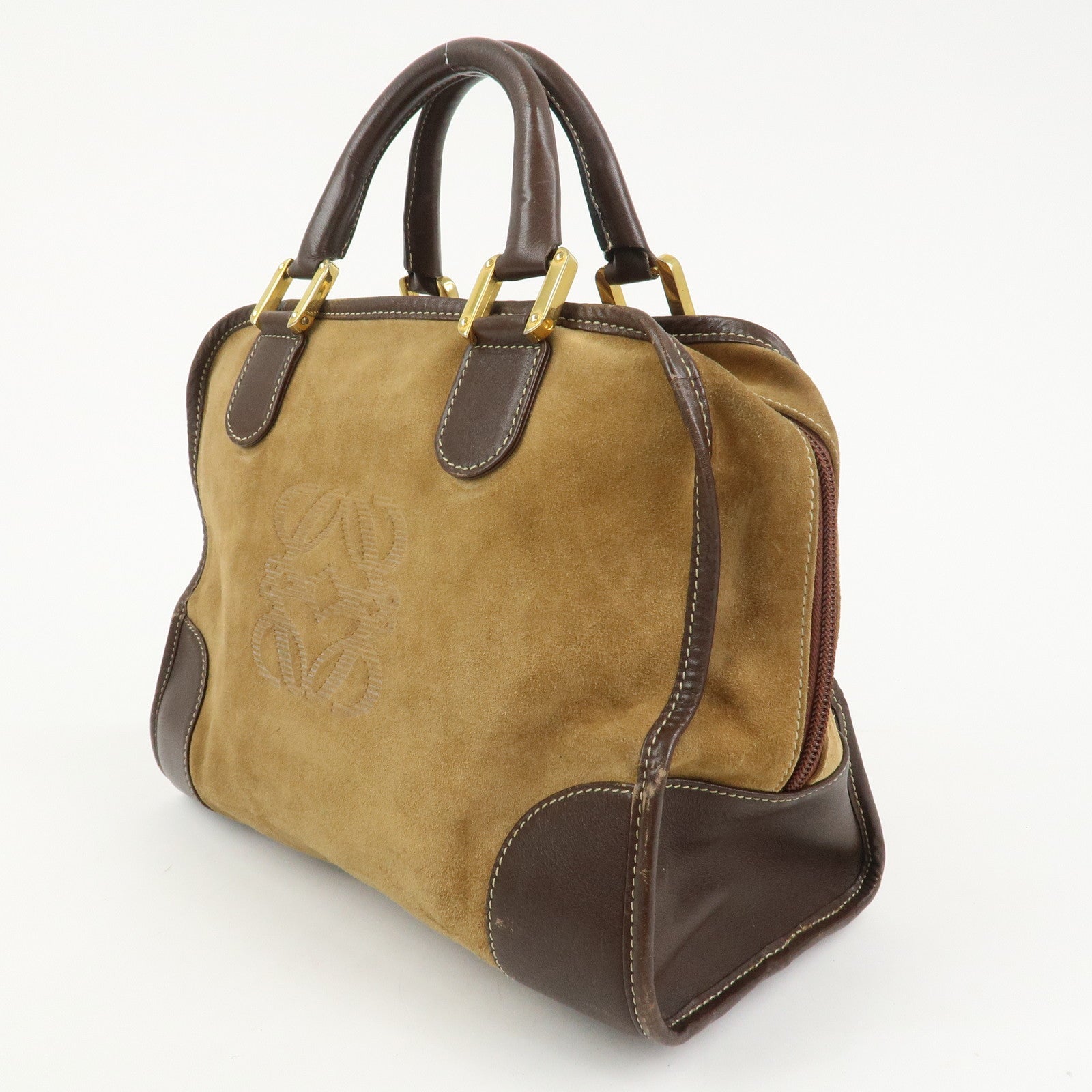 LOEWE Anagram Logo Amazona 32 Suede Hand Bag Boston Bag Camel