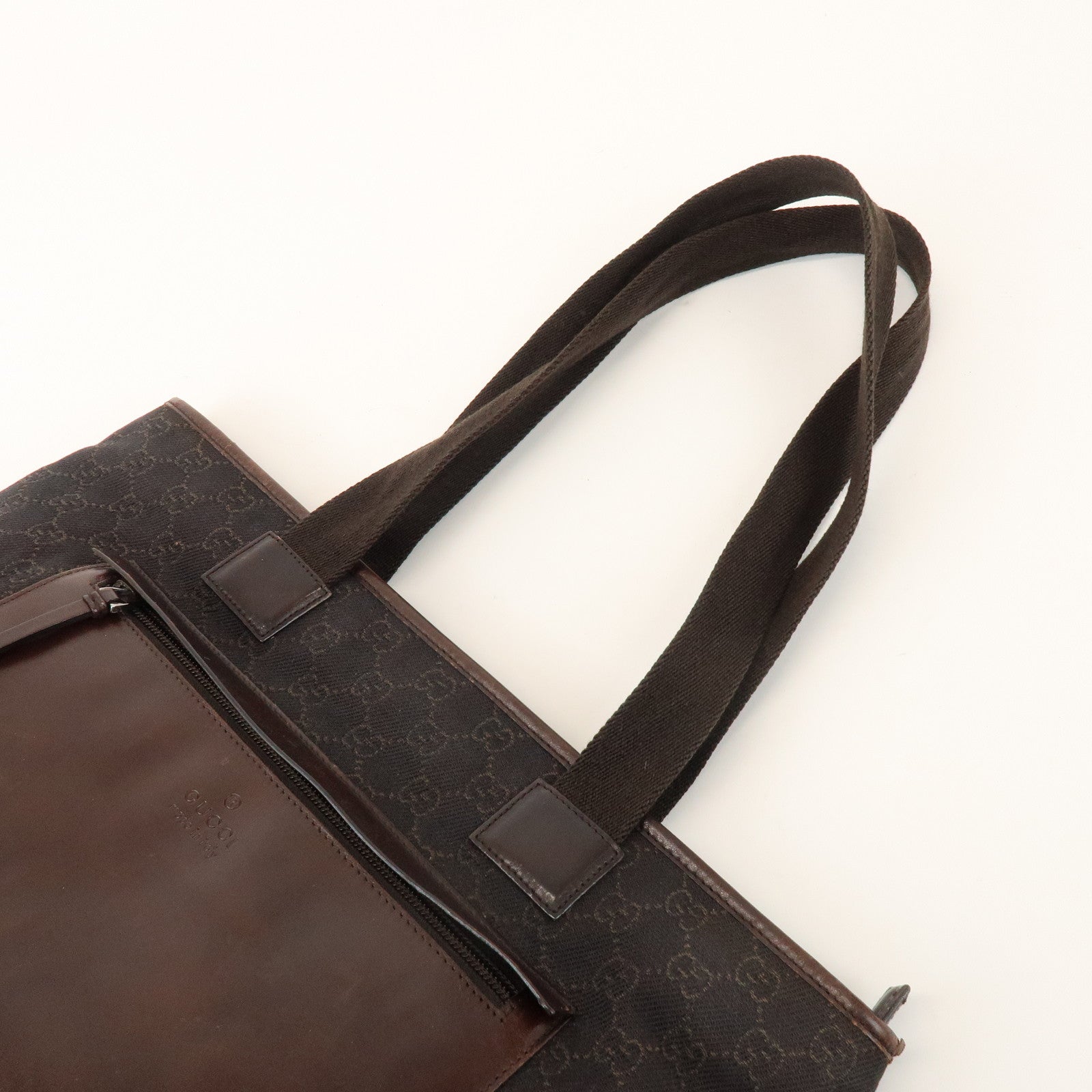 GUCCI GG Canvas Leather Tote Bag Shoulder Bag Dark Brown 34339