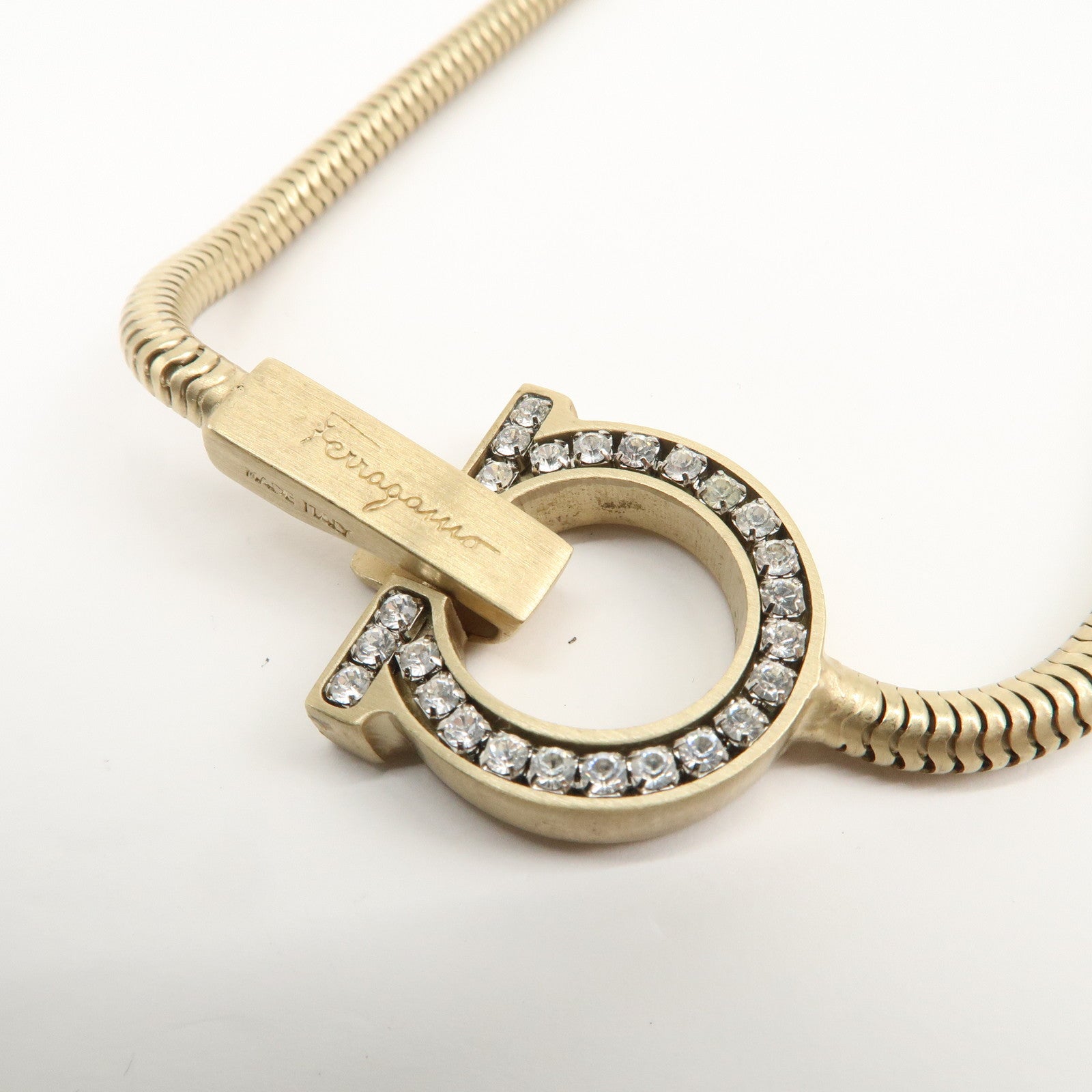 Ferragamo Gancini Logo Metal Rhinestone Necklace Choker Gold