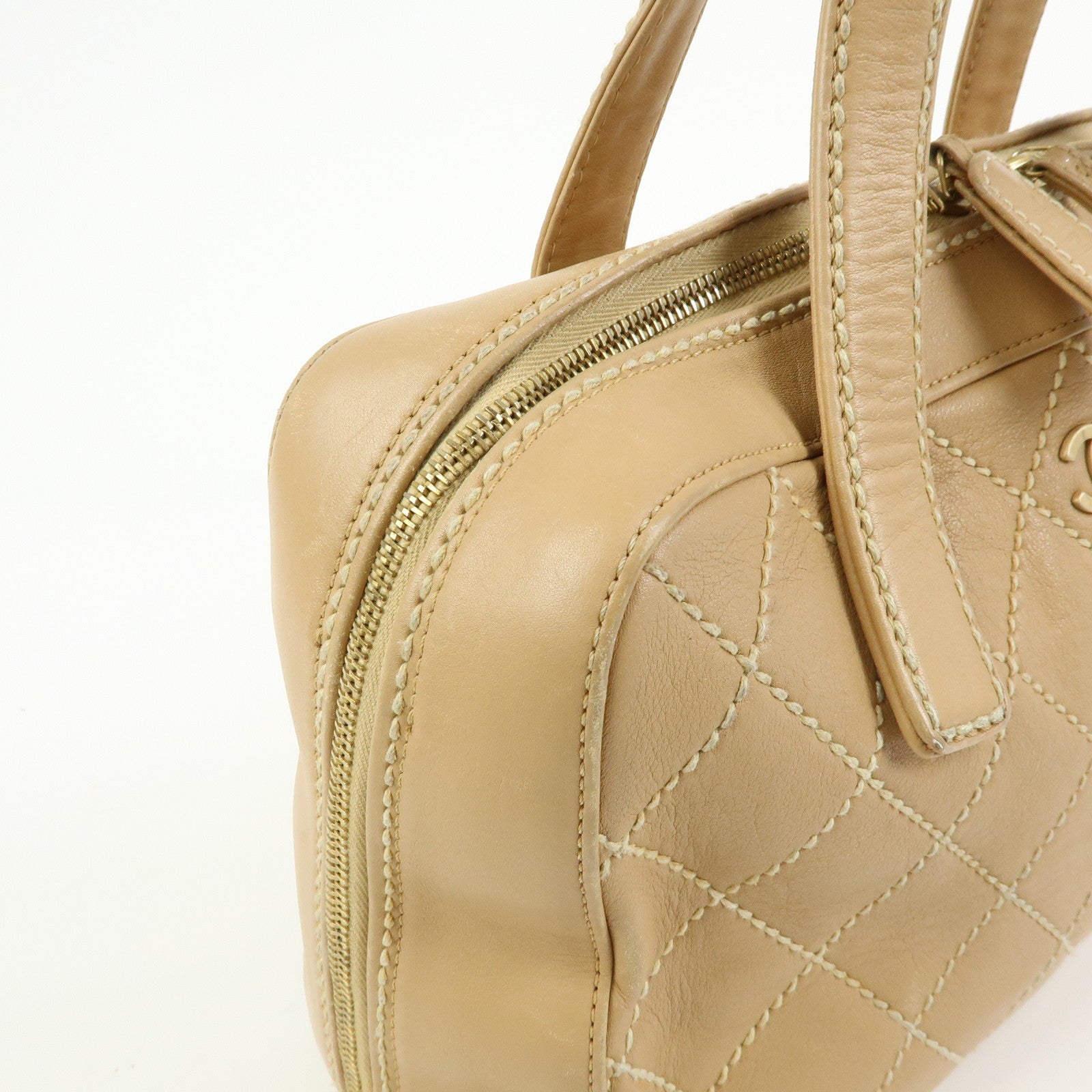 CHANEL Wild Stitch Calf Leather Boston Bag Hand Bag Beige