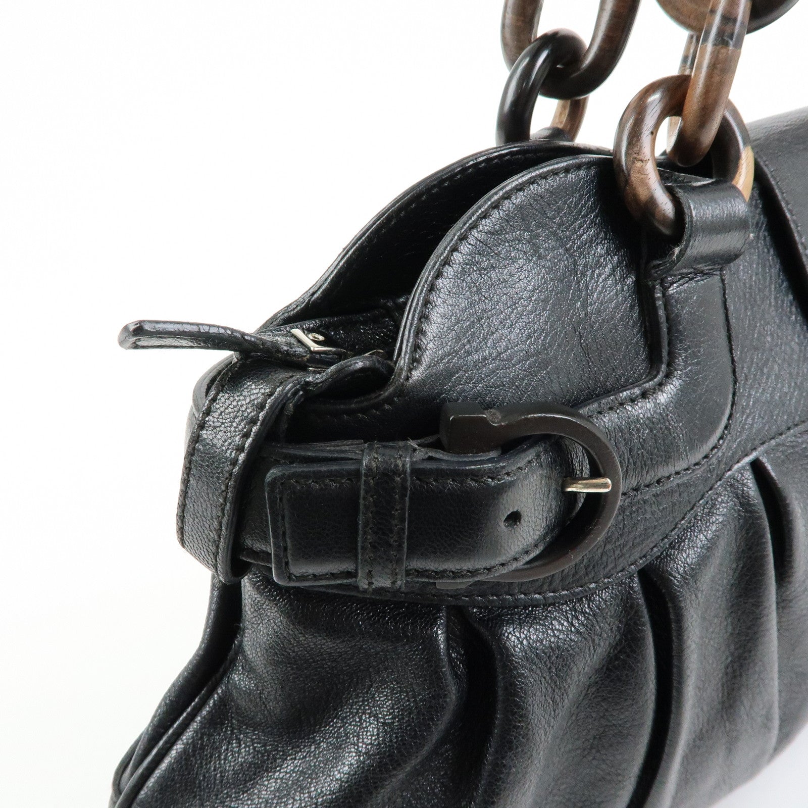 Ferragamo Gancini Leather Wood Shoulder Bag Hand Bag Black Brown