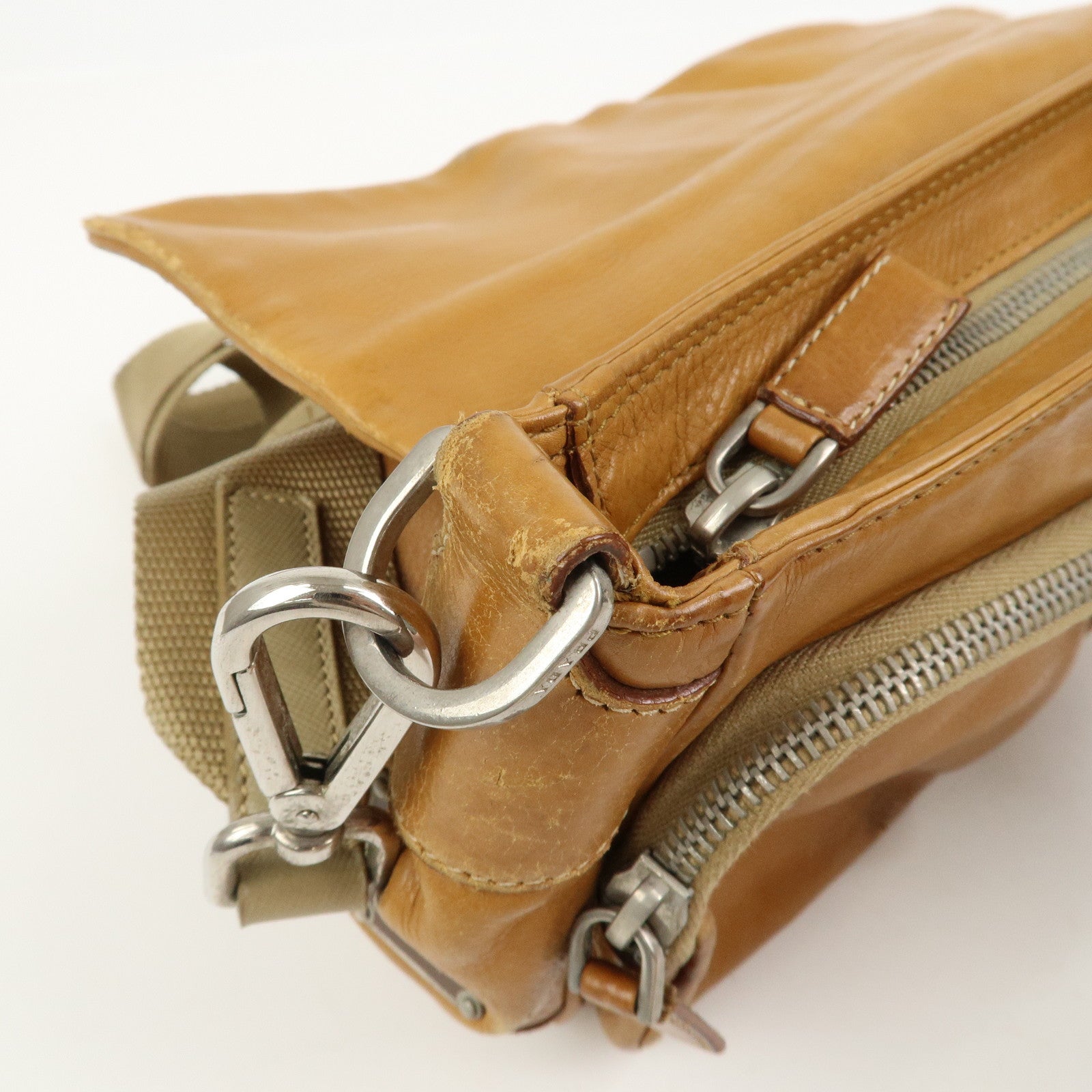 PRADA Triangle Logo Leather Front Pocket Shoulder Bag Brown BR2417