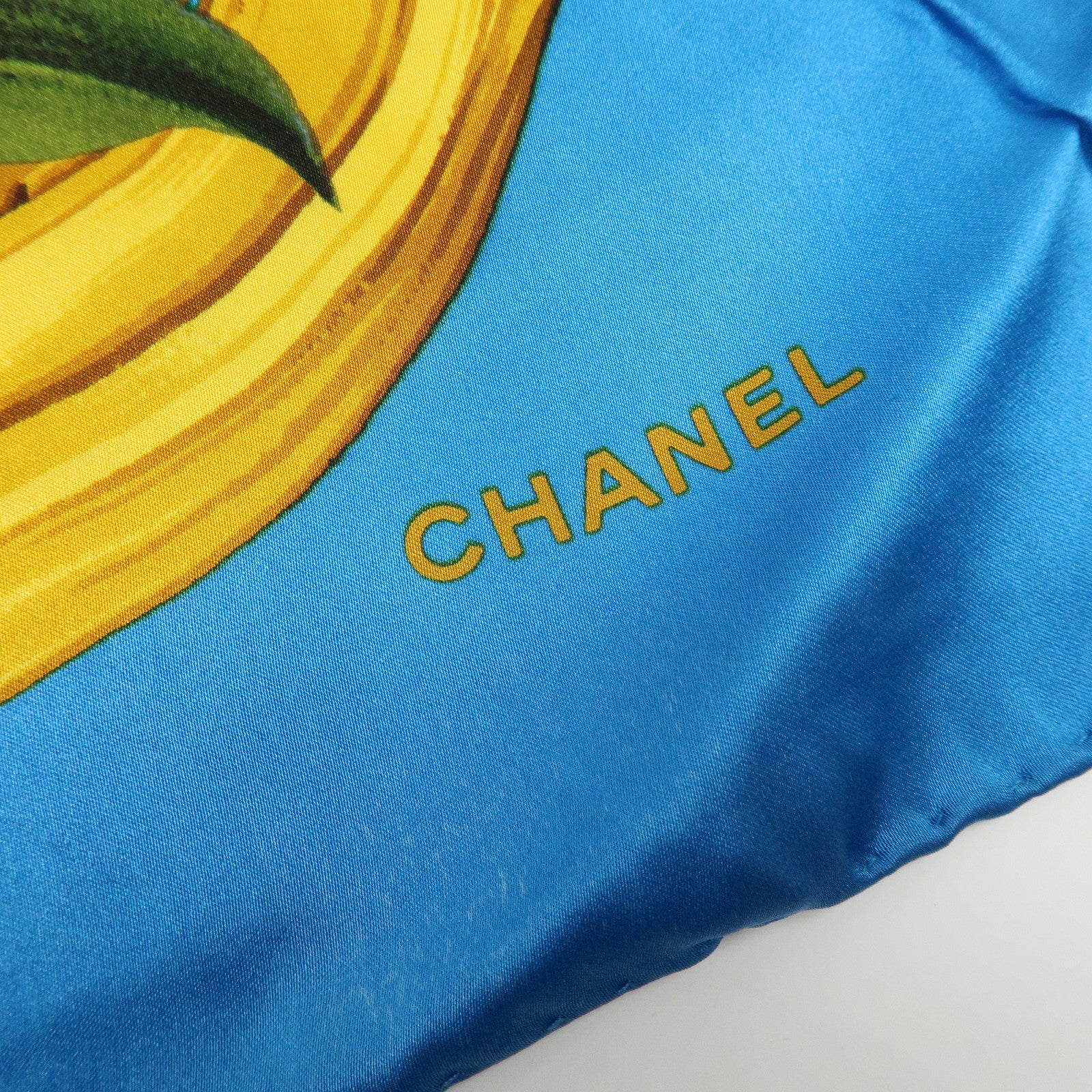CHANEL Silk 100% Scarf Camellia Flower Motif Blue Gold Red