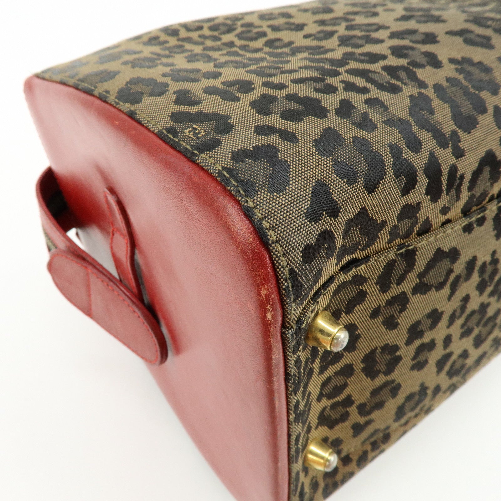 FENDI Canvas Leather Hand Bag Boston Bag Leopard Brown Red