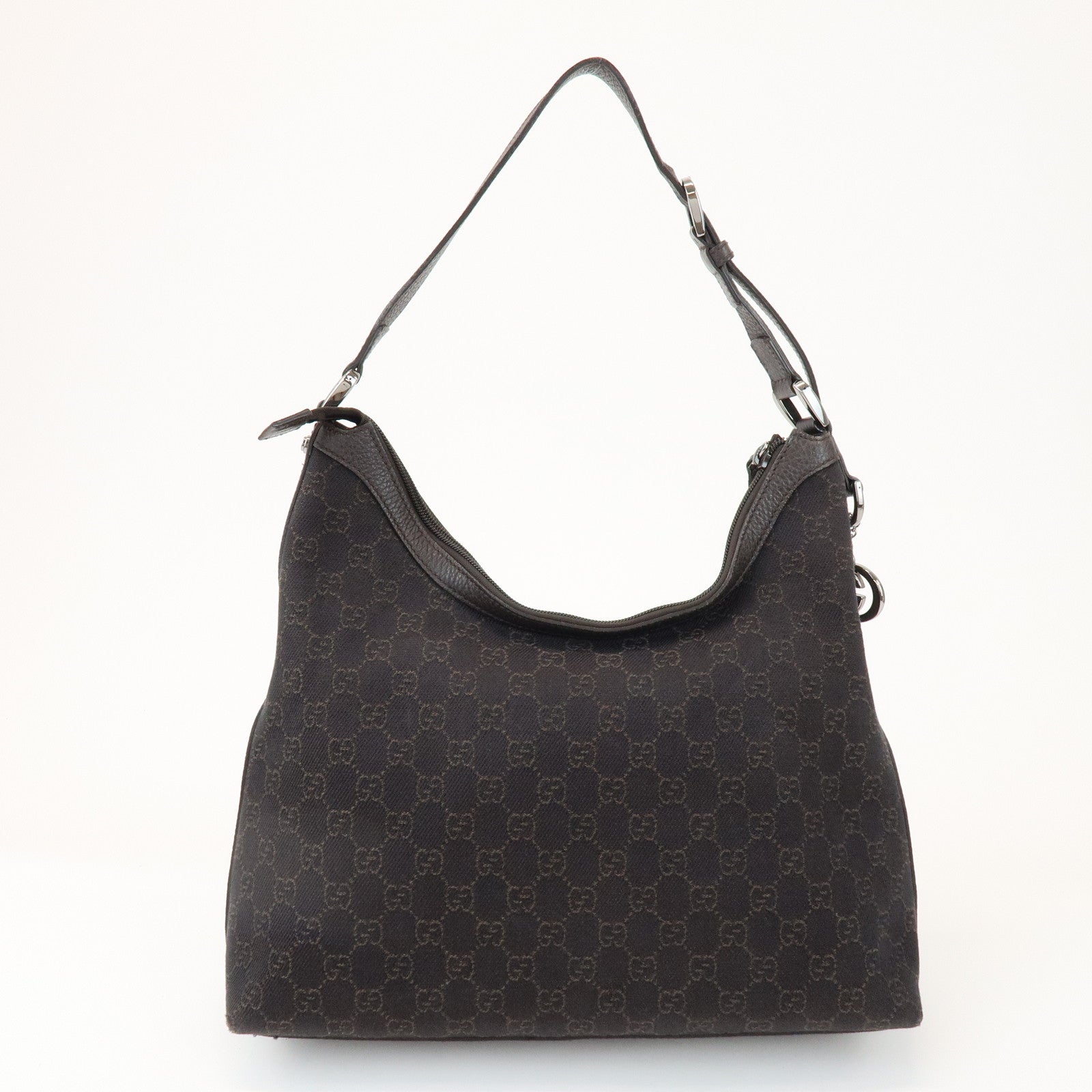 GUCCI Interlocking G Leather GG Denim Shoulder Bag Brown 339553