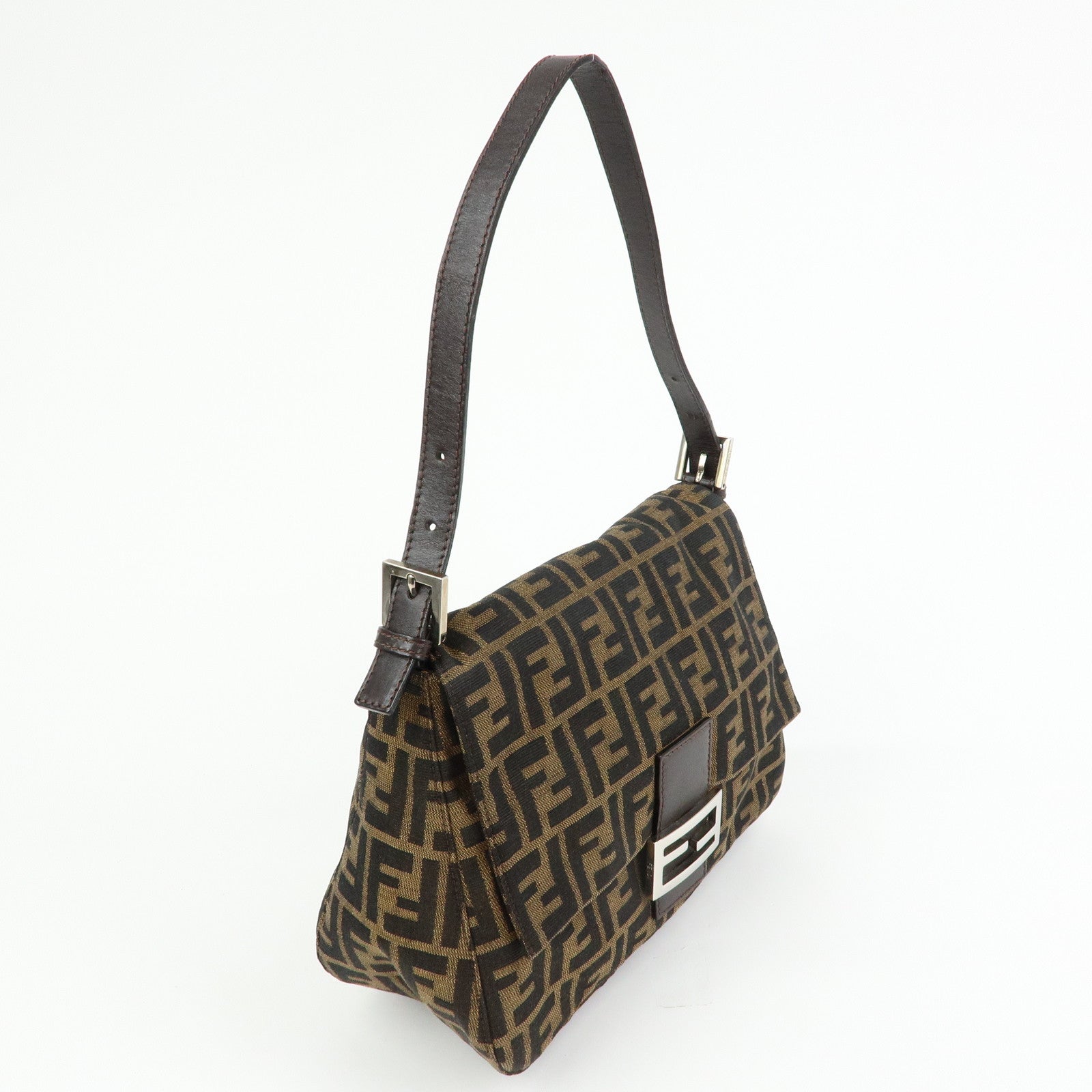 FENDI Mamma Baguette Zucca Canvas Leather Shoulder Bag Brown 26325
