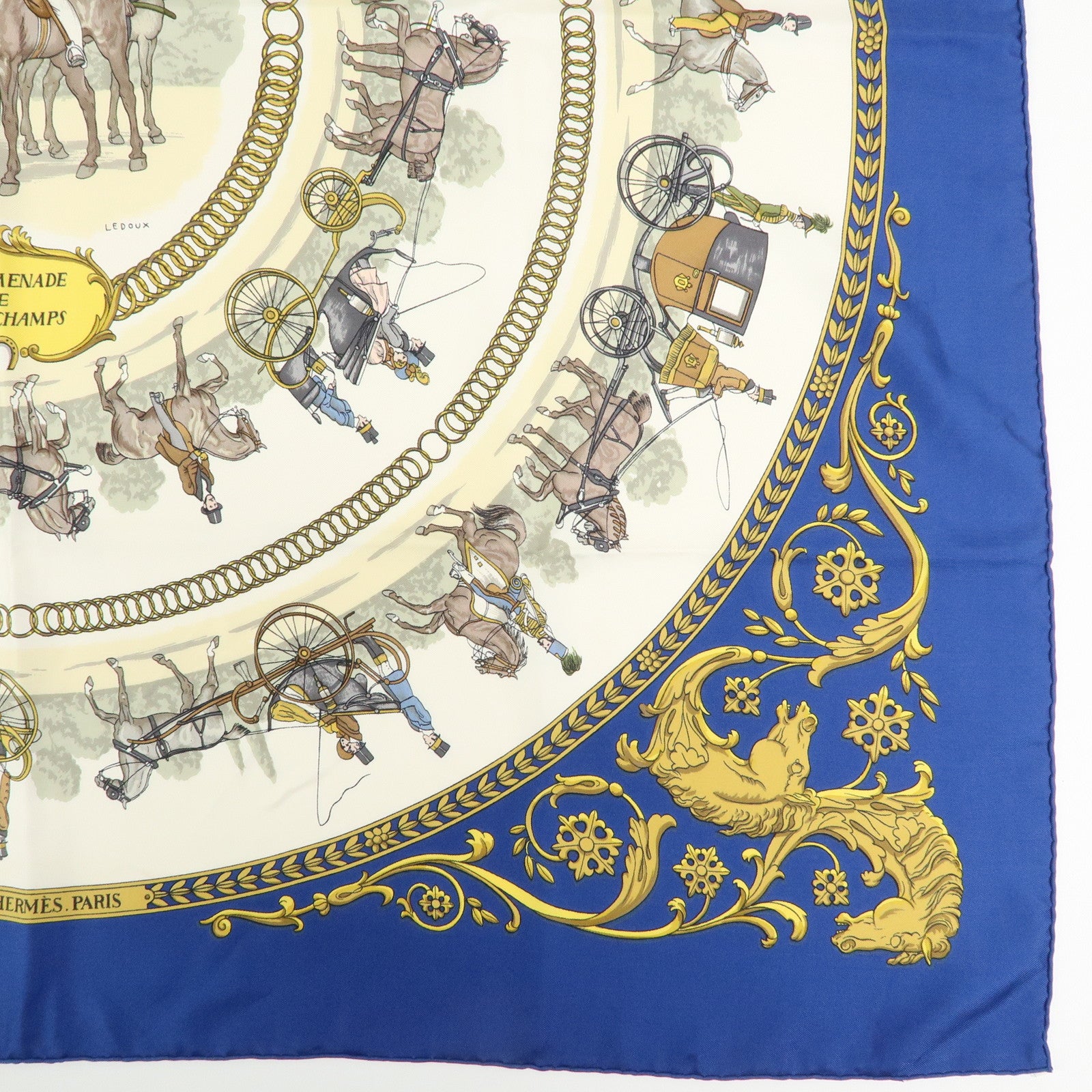 HERMES Carre 90 Silk 100% Scarf LA PROMENADE DE LONGCHAMPS Navy