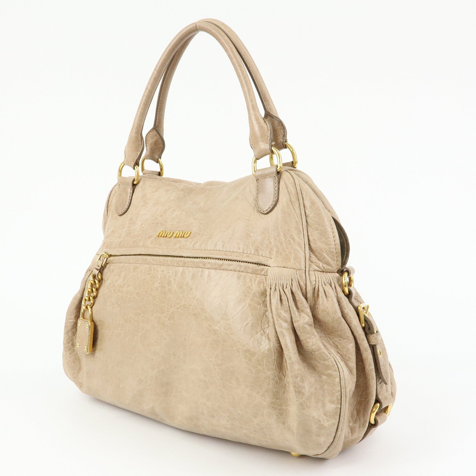 MIU MIU Leather 2Way Bag Hand Bag Shoulder Bag Beige