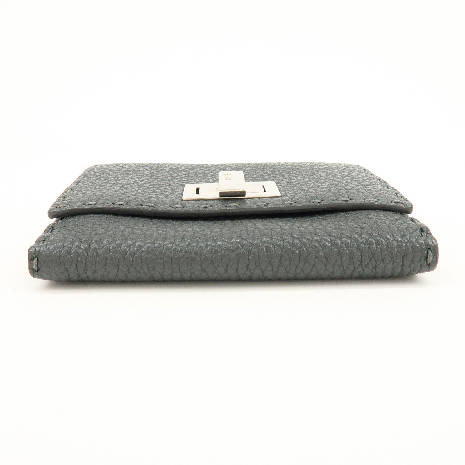FENDI Selleria Leather Tri-fold Compact Wallet Gray 8M0359