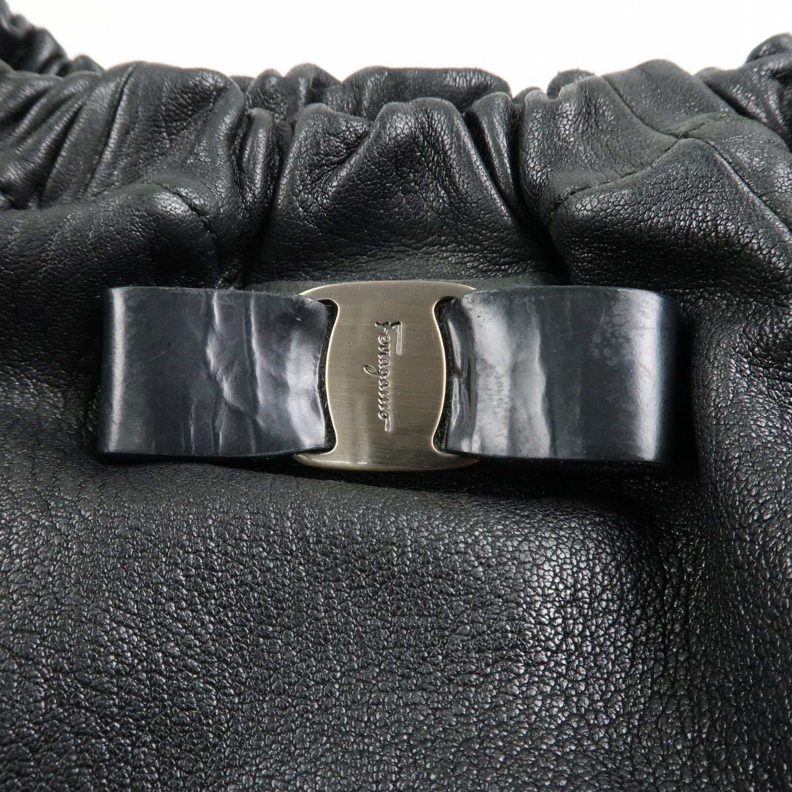 Ferragamo Leather  Patent Leather Shoulder Bag Hand Bag Black