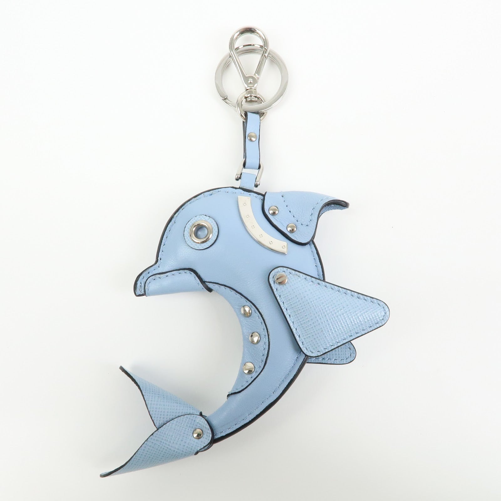 PRADA Triangle Logo Dolphin Motif Leather Key Charm Light Blue