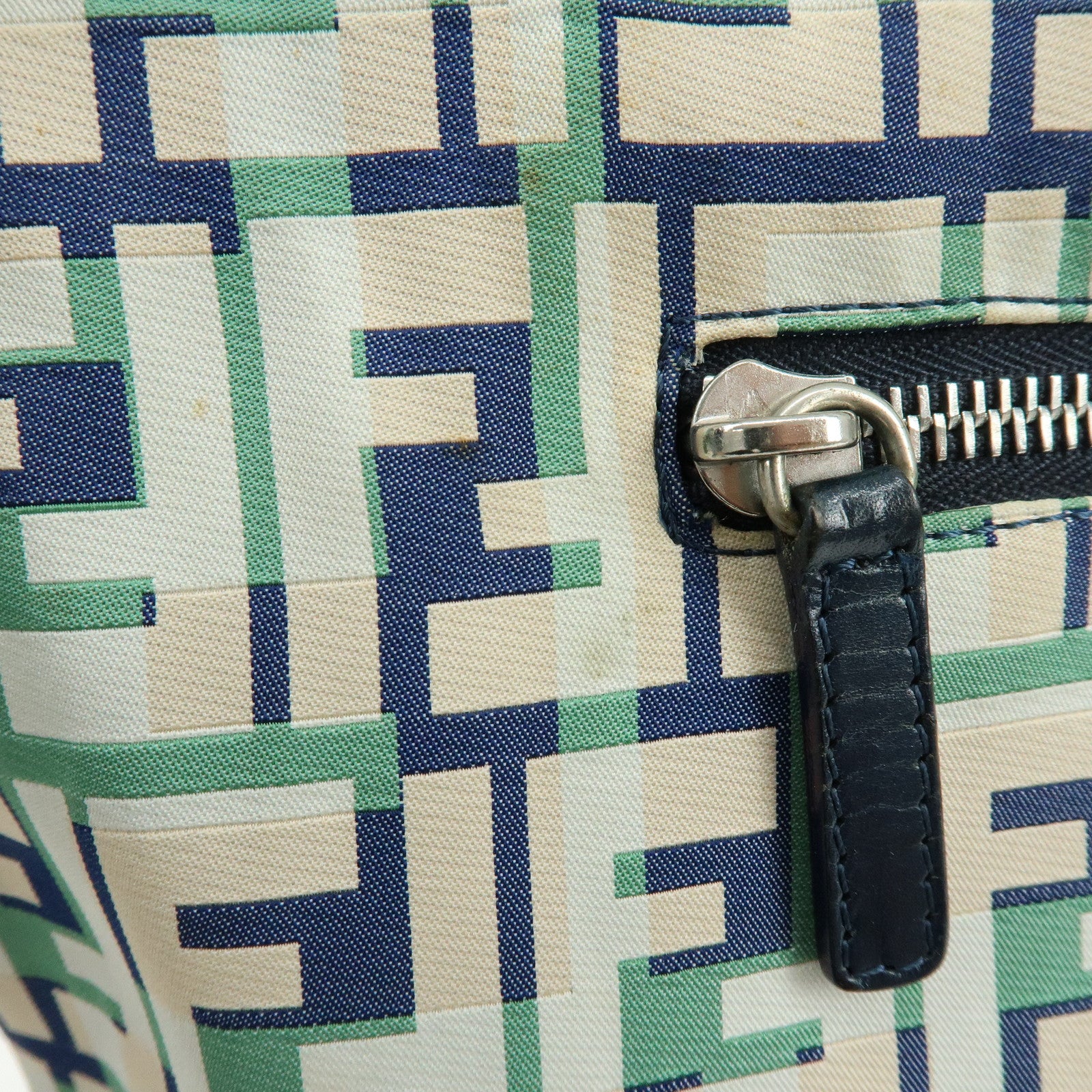 FENDI Zucca Nylon Leather Tote Bag Shoulder Bag Navy Green