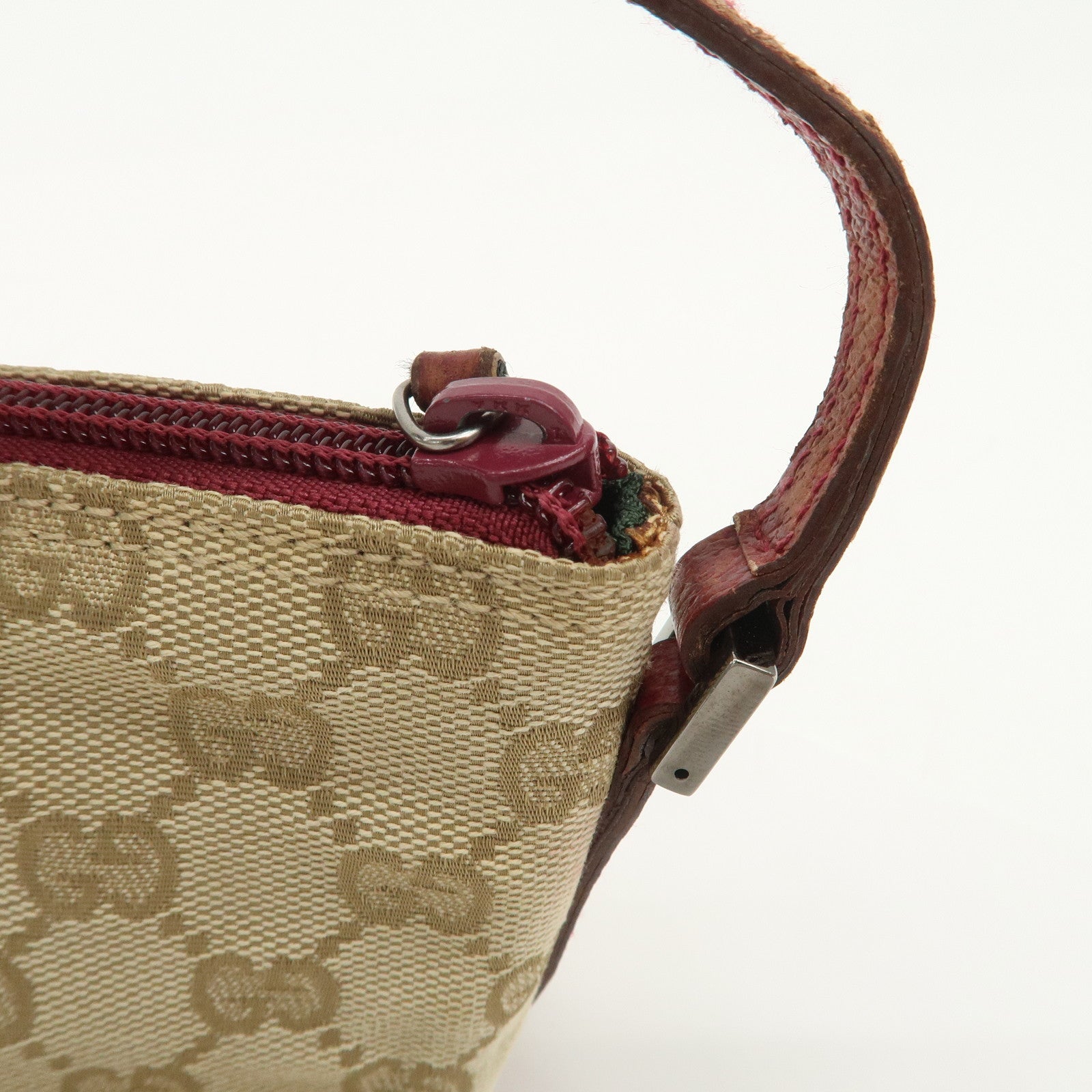 GUCCI Boat Bag GG Canvas Leather Hand Bag Pouch Beige Red 07198