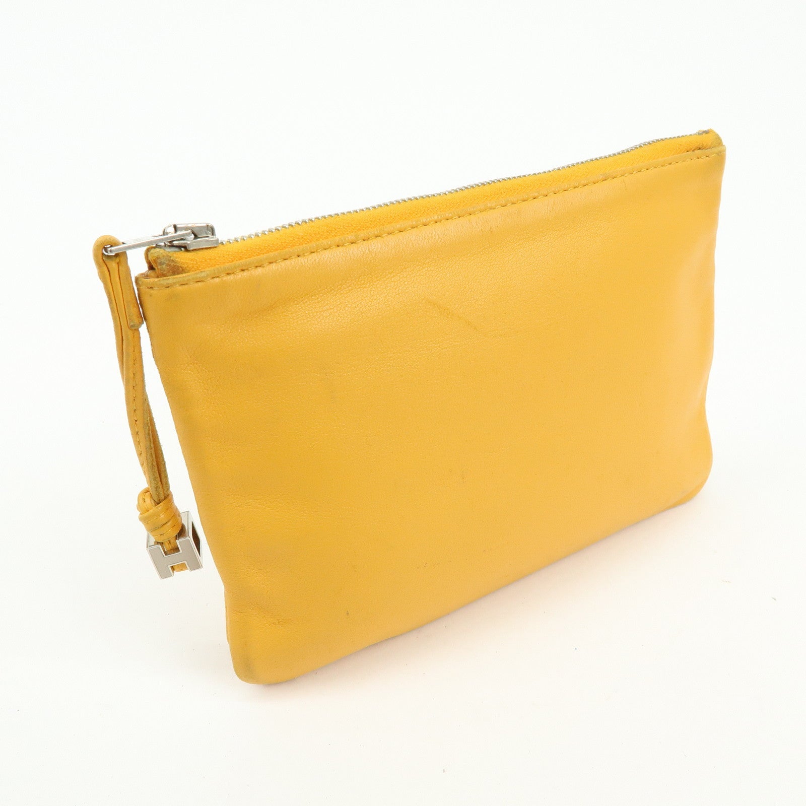 HERMES Leather Cosmetic Pouch Jewelry Pouch ☐P Stamped Yellow
