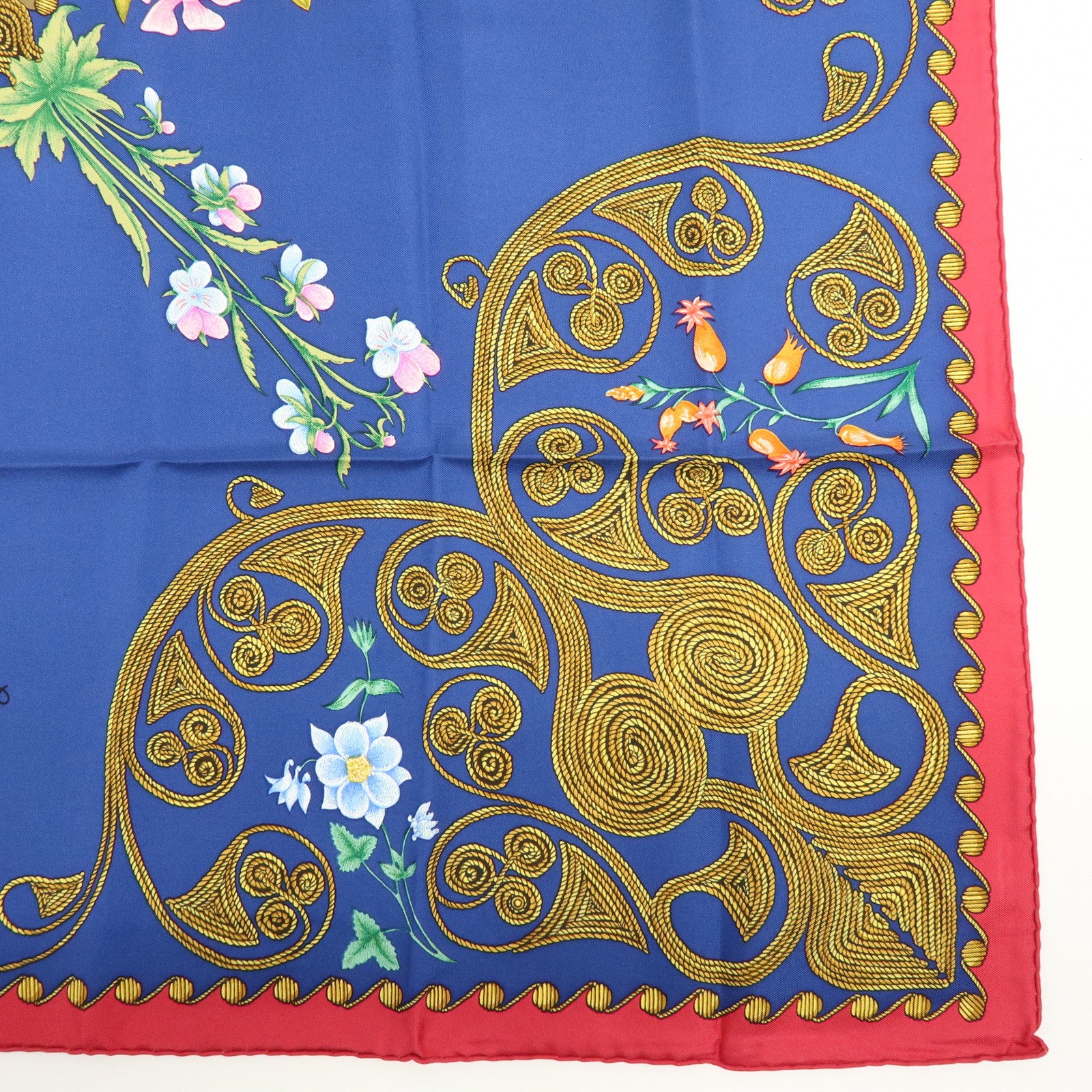 HERMES Carre 90 Silk 100% Scarf ARABESQUES Arabic Print Navy Red
