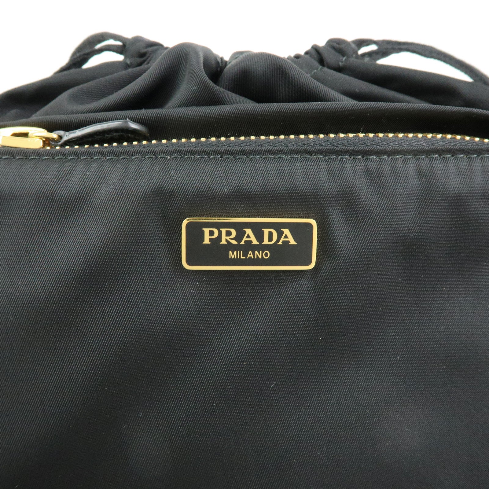 PRADA Triangle Logo Nylon Saffiano Leather Drawstring Pouch Black
