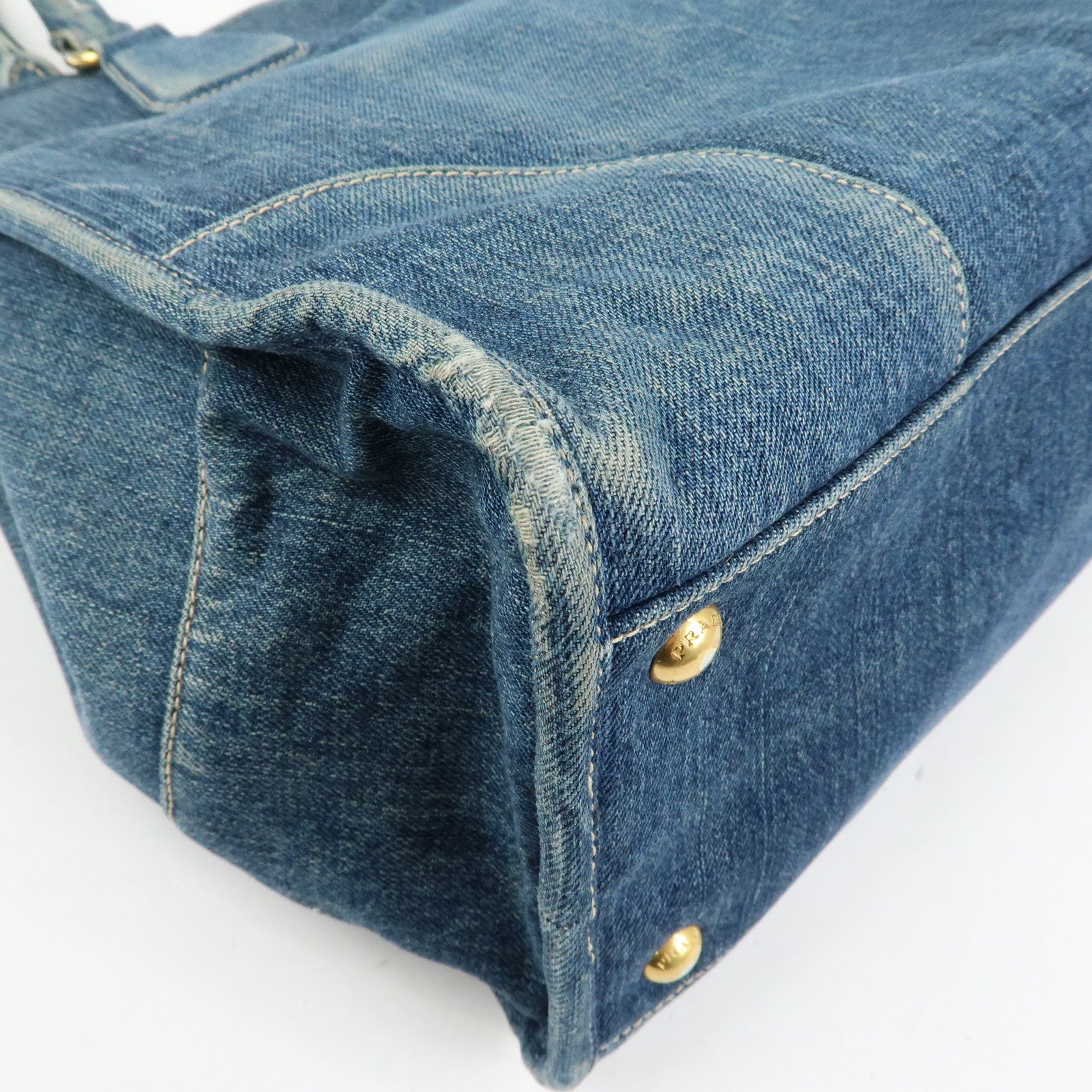 PRADA Triangle Logo Denim Tote Bag Hand Bag Blue BN2254