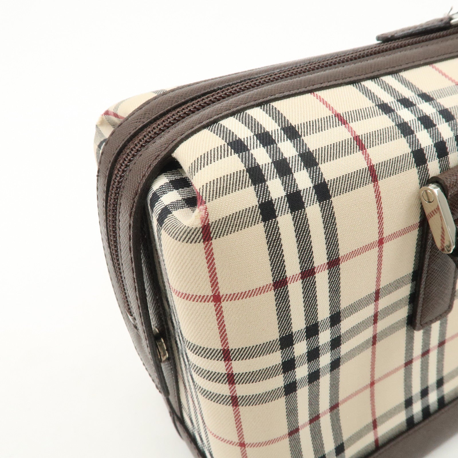 BURBERRY Leather Canvas Boston Bag Hand Bag Nova Plaid Brown Used