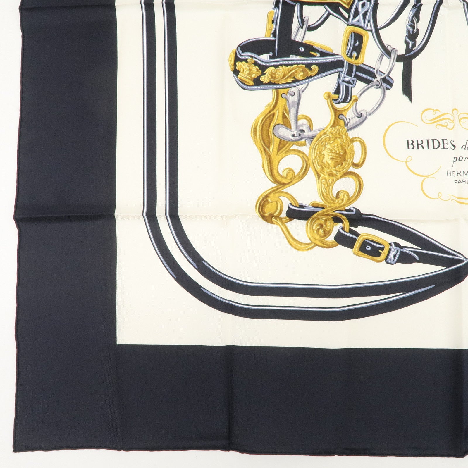 HERMES Carre 90 Silk 100% BRIDES DE GALA Scarf Black Gold