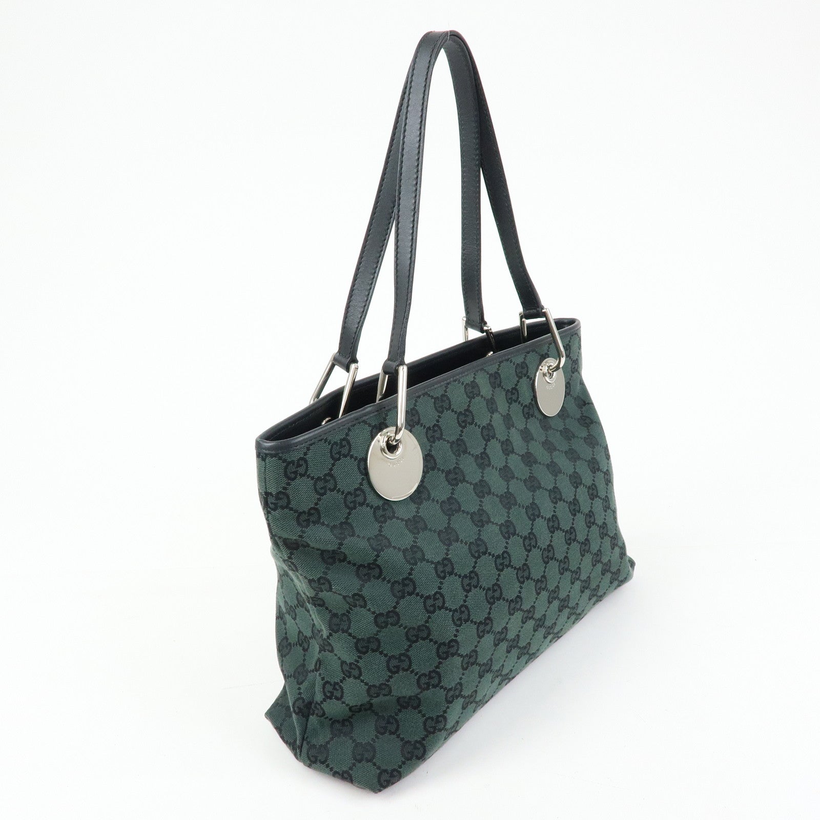 GUCCI GG Canvas Leather Tote Bag Hand Bag Green Black 285583