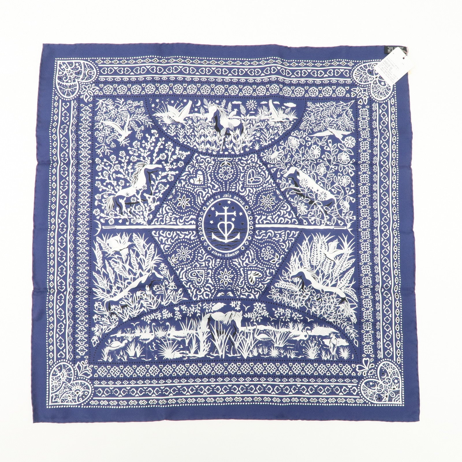 HERMES Carre 55 Silk 100% Scarf Entre Ciel et mer Navy Used