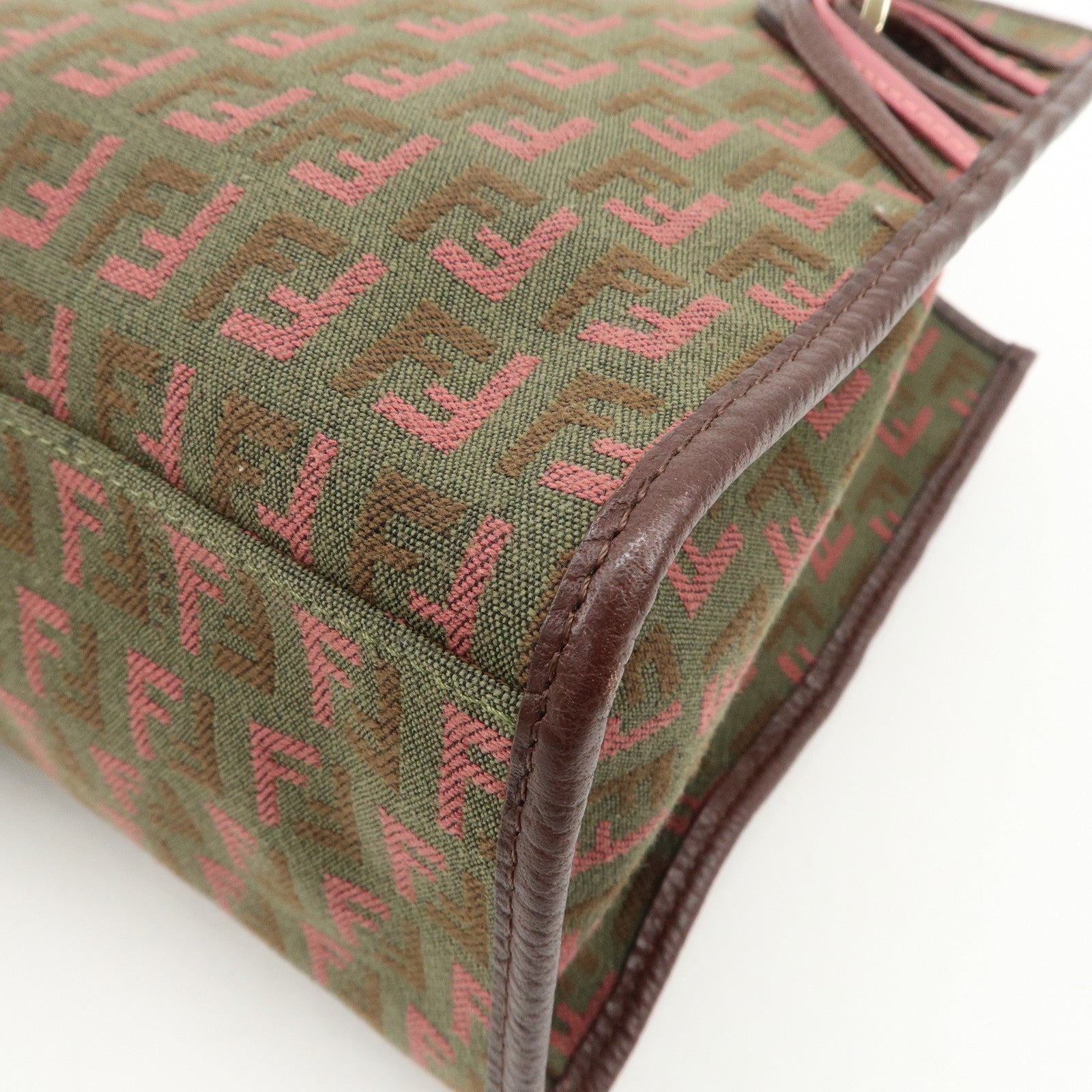 FENDI Zucchino Leather Canvas Hand Bag Khaki Bordeaux