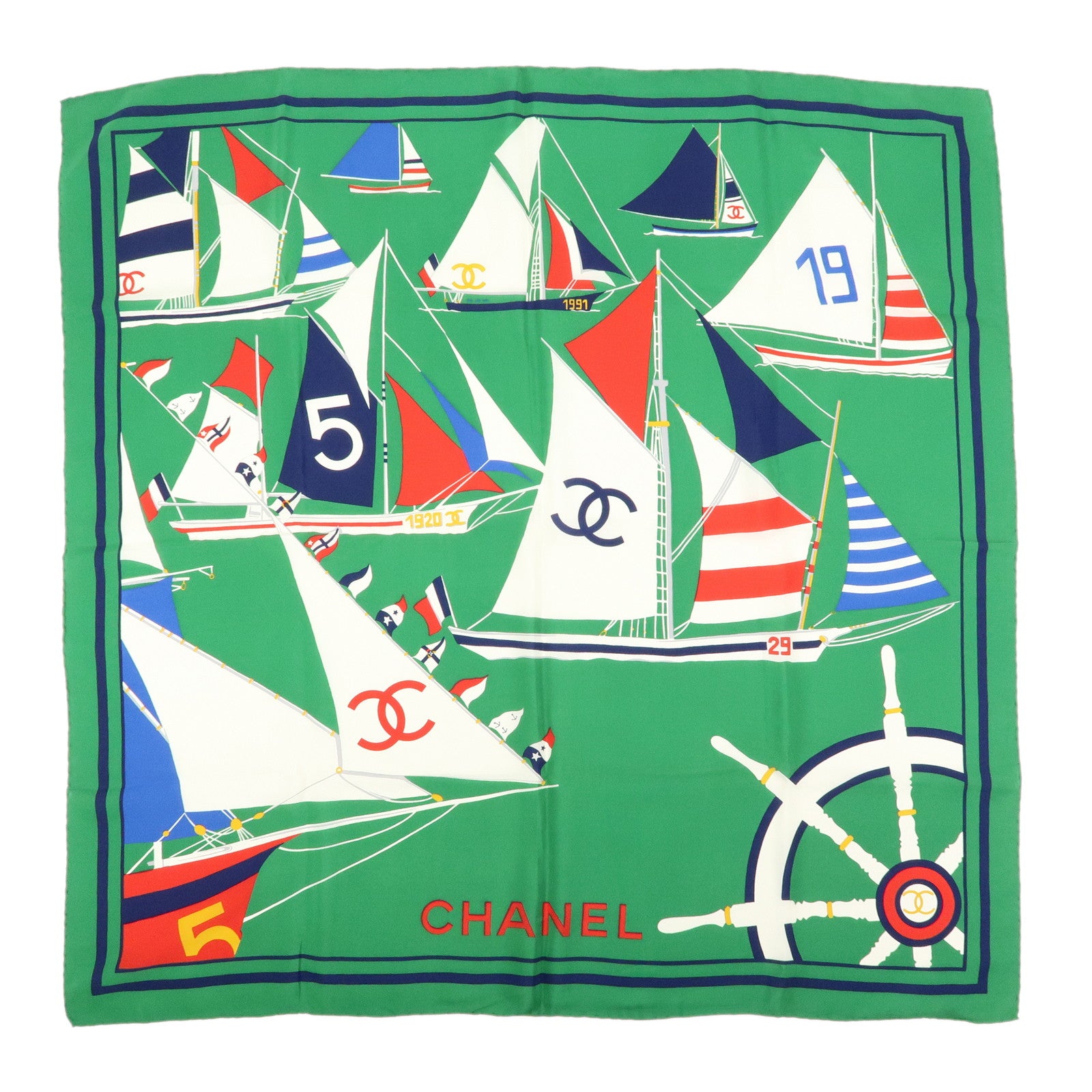 CHANEL COCO Mark Silk100% Scarf Green Navy White Red