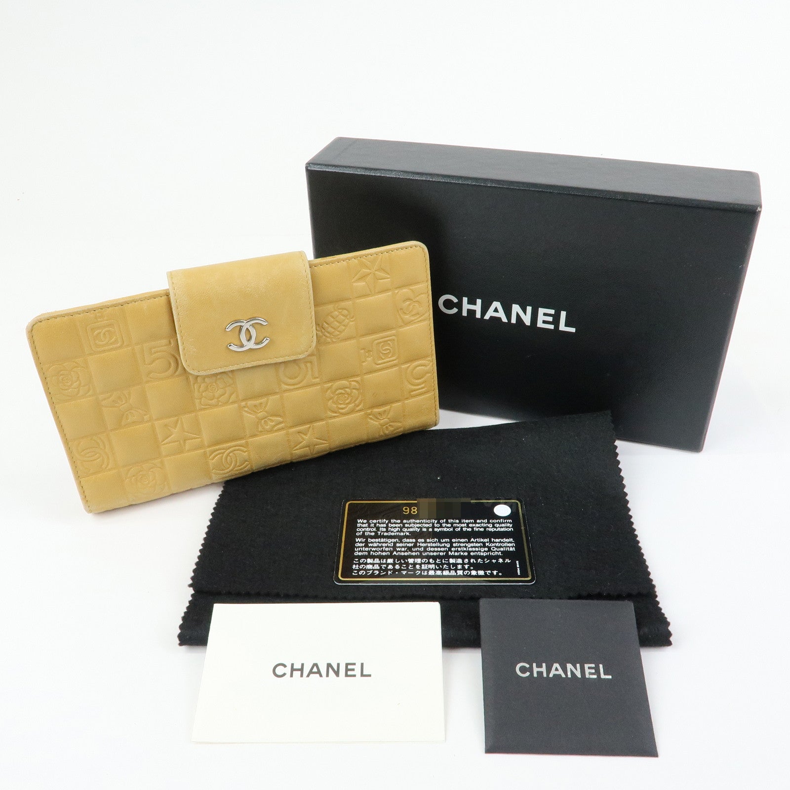 CHANEL Chocolate Bar Lamb Skin Long Wallet Yellow Beige A82281