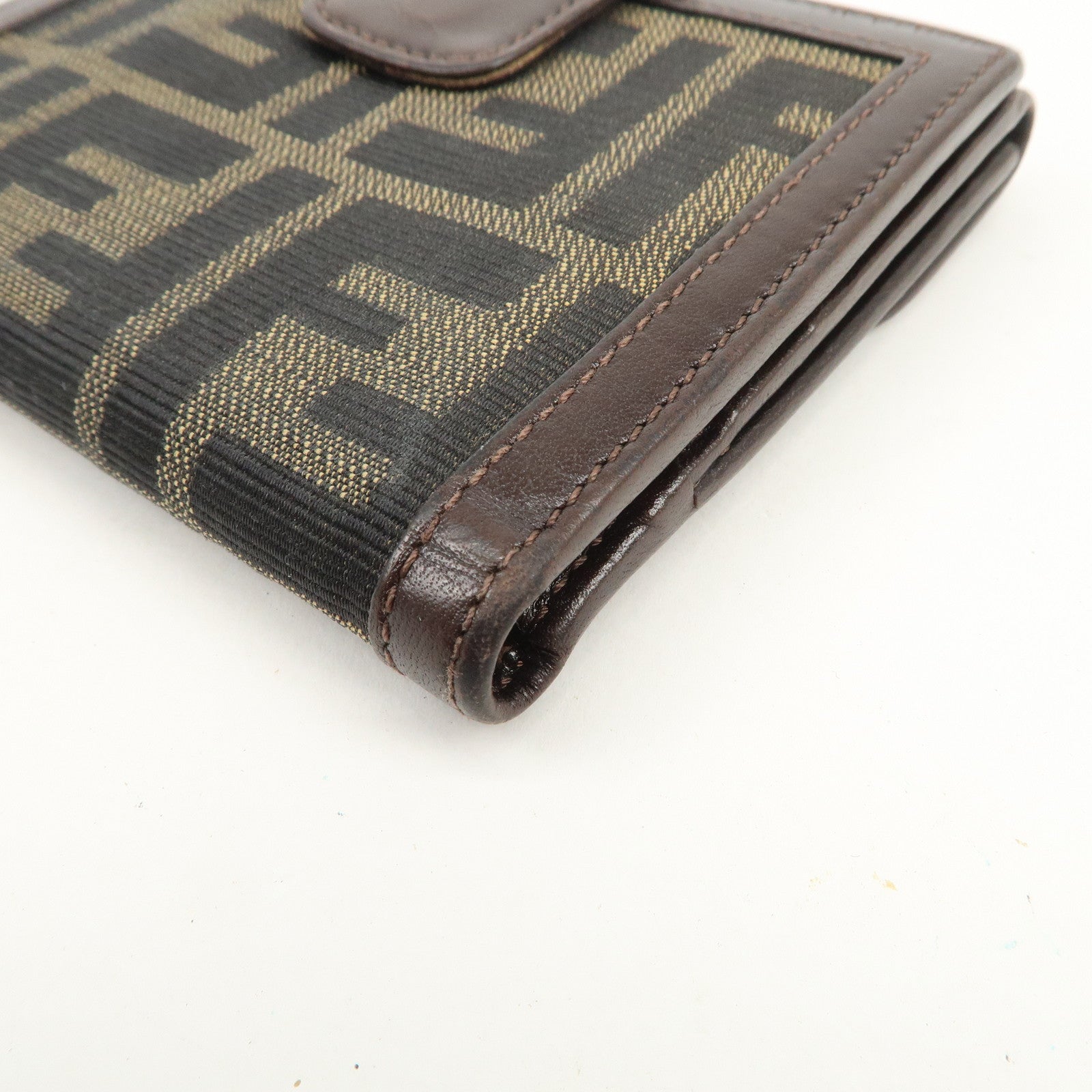 FENDI Zucca Logo Canvas Leather Compact Wallet Brown 12671