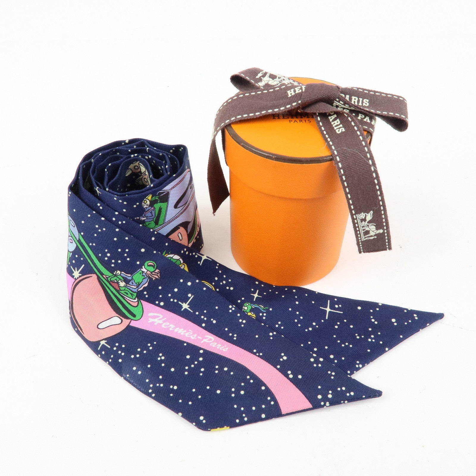 HERMES Silk 100% Twilly Scarf Space Derby Navy