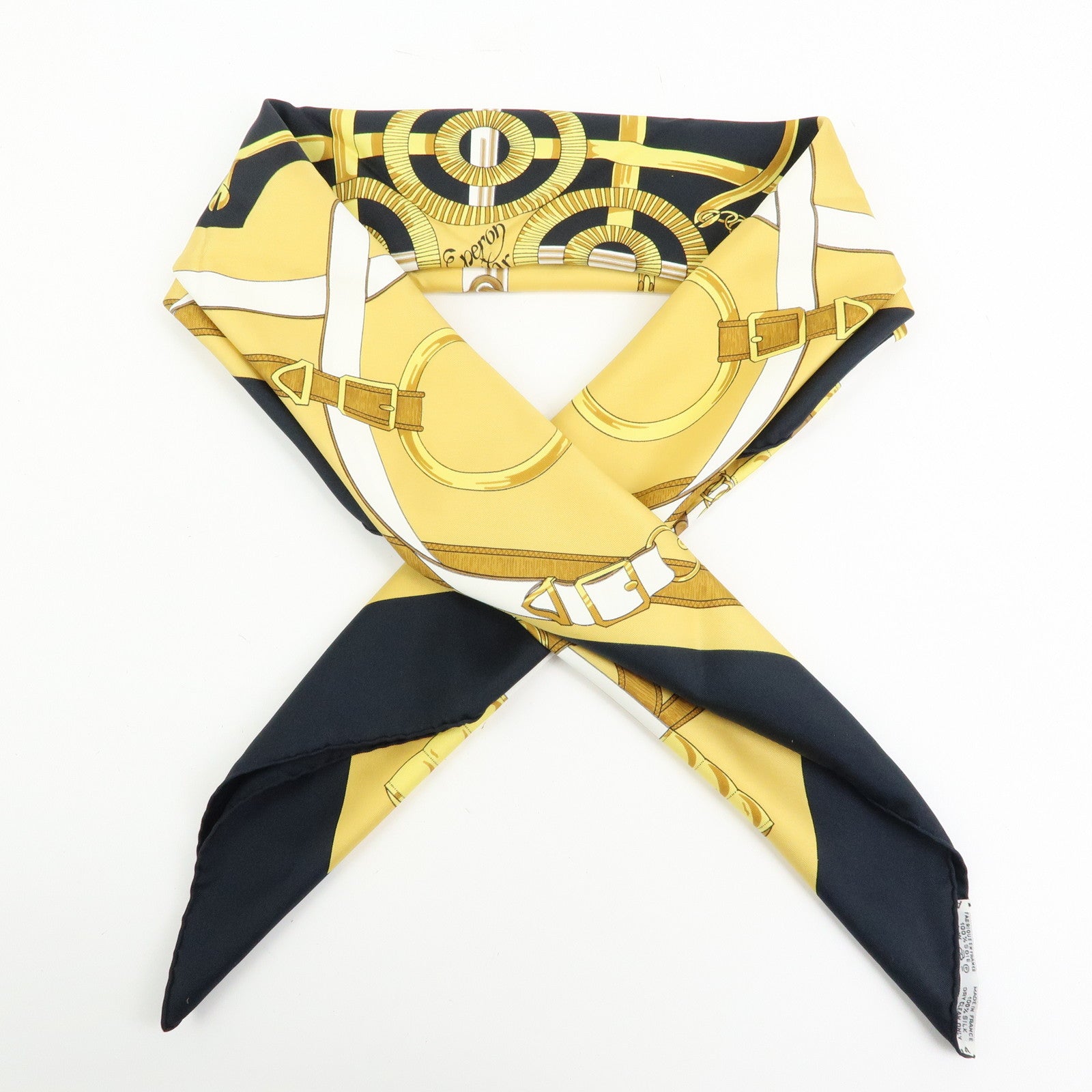 HERMES Carre 90 Silk 100% Eperon d'or Scarf White Navy