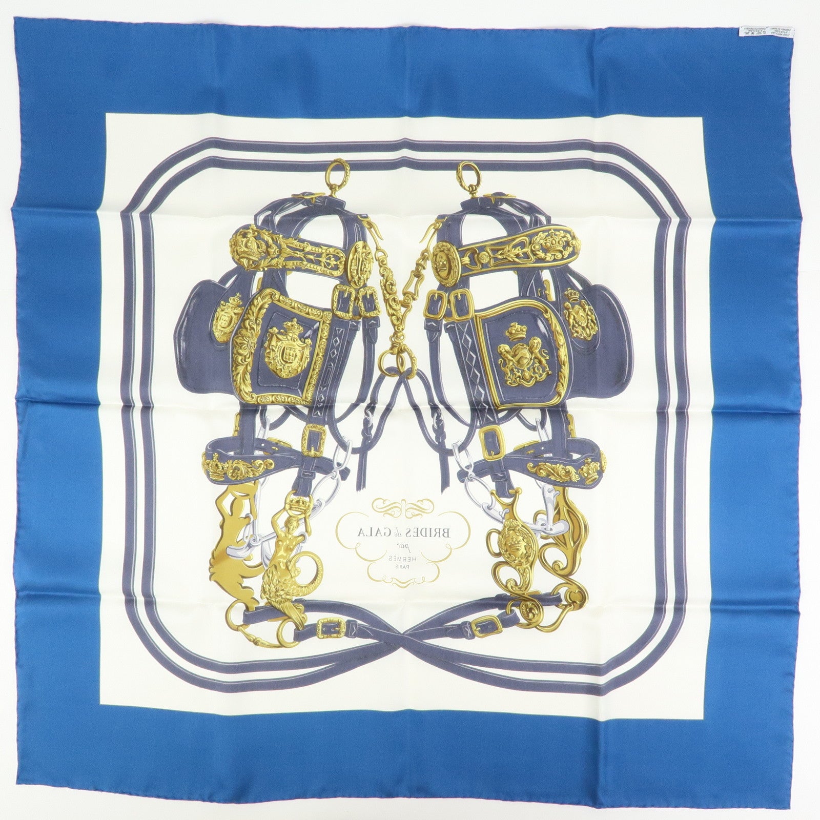 HERMES Carre 90 Silk 100% Scarf  BRIDES DE GALA Blue White
