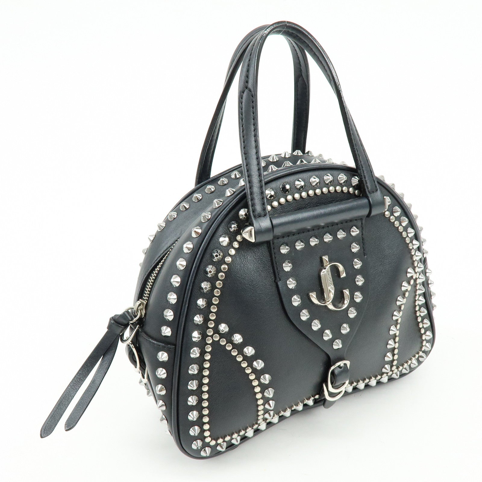 JIMMY CHOO Varenne Leather Bowling Bag Hand Bag Studs Black