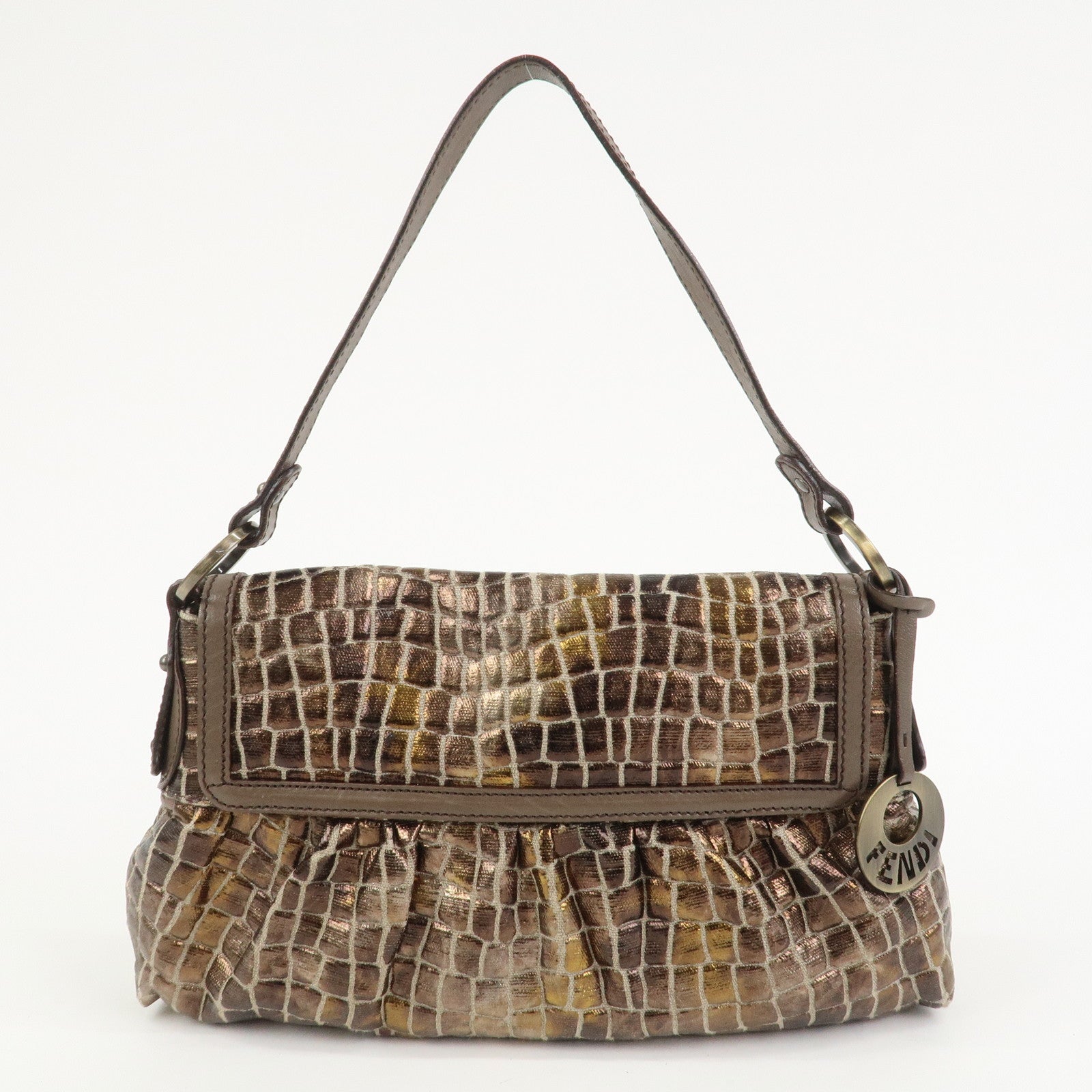 FENDI Canvas Leather Shoulder Bag Hand Bag Metallic Brown 8BR445