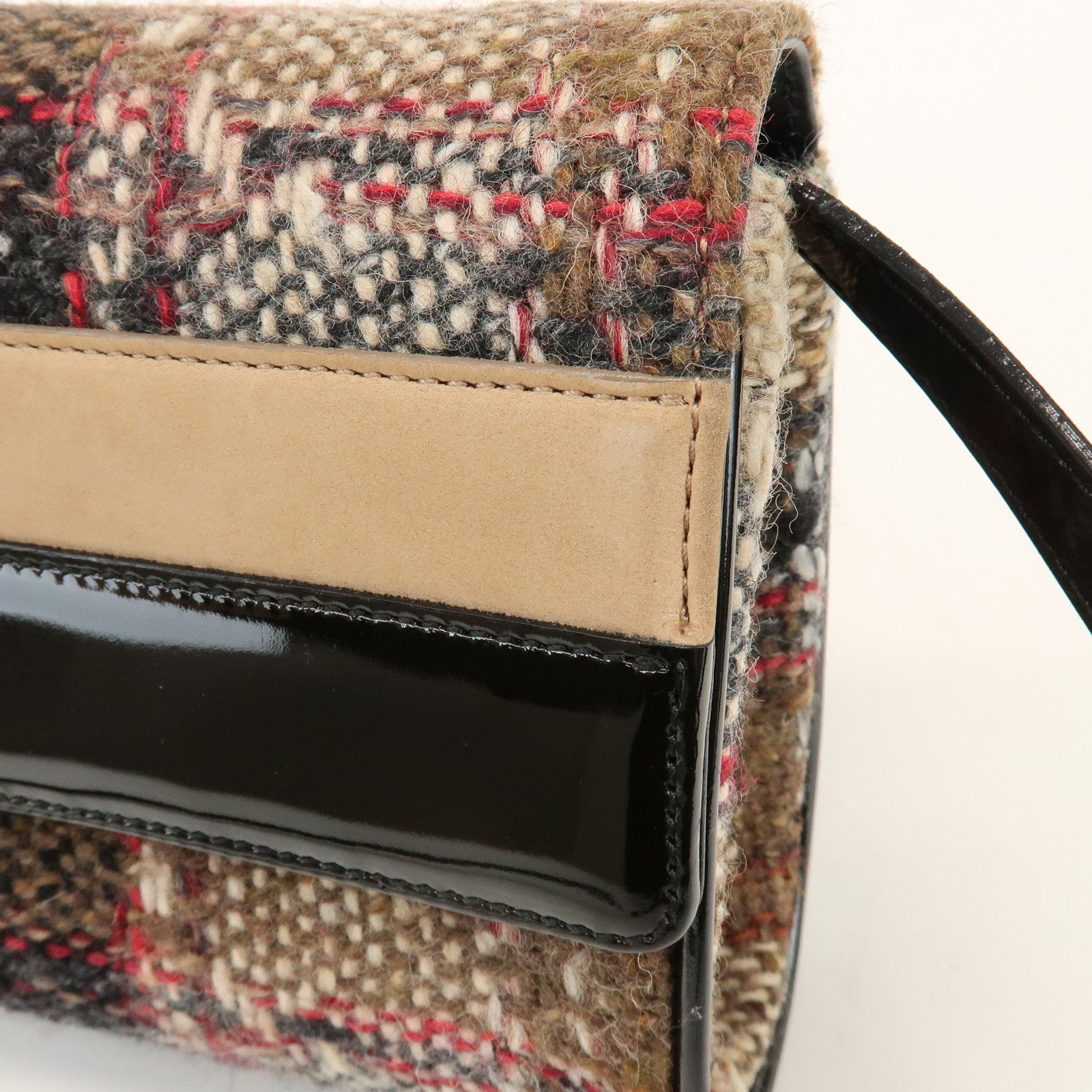 BURBERRY Tweed Patent Leather Suede Shoulder Bag Plaid Beige Black
