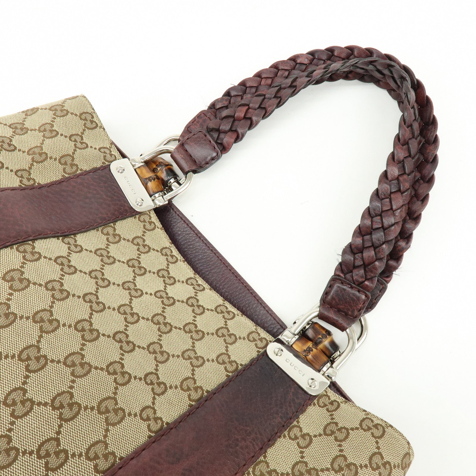 GUCCI Bamboo GG Canvas Leather Tote Hand Bag Beige Purple 232947