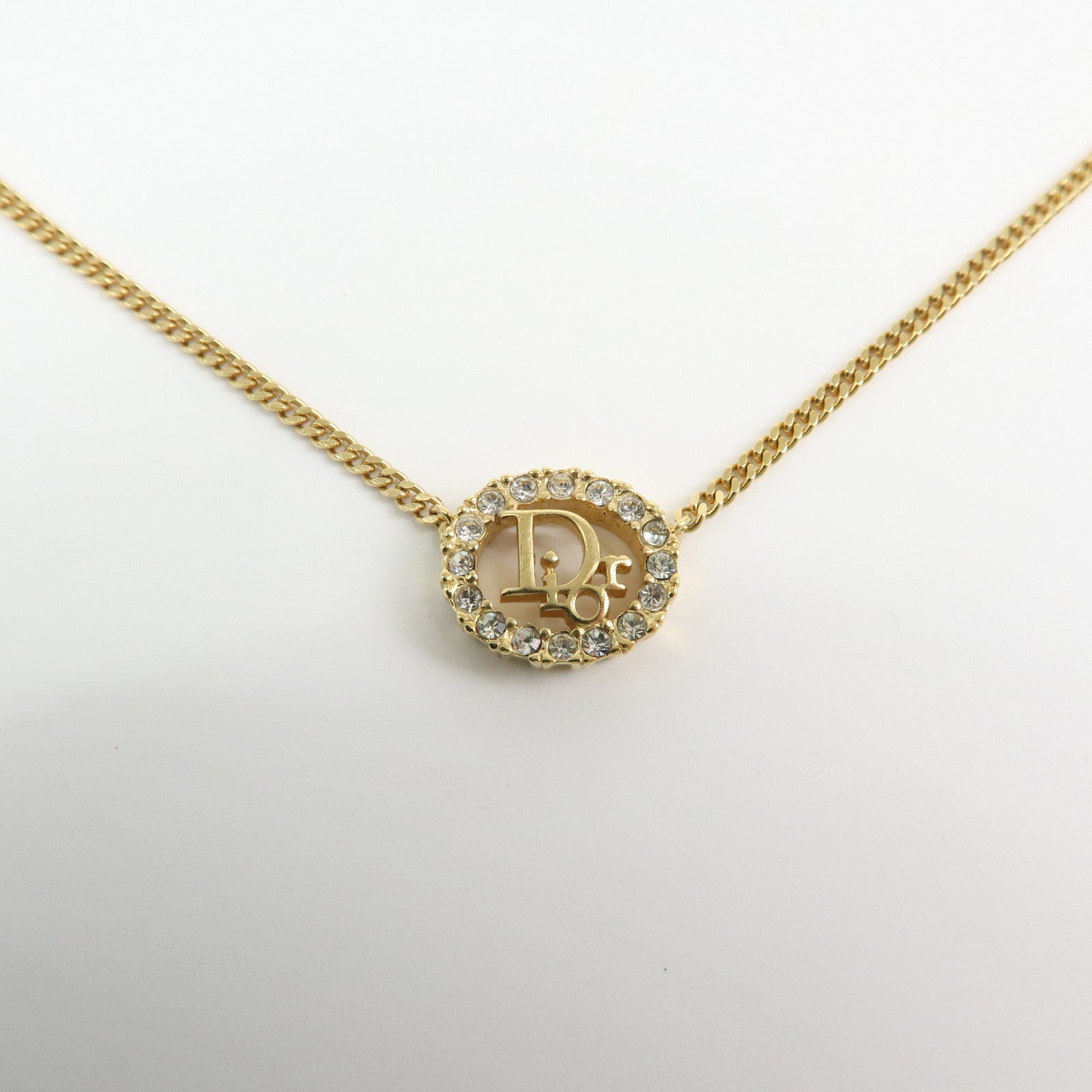Christian Dior Logo Pendant Metal Rhinestone Necklace Gold